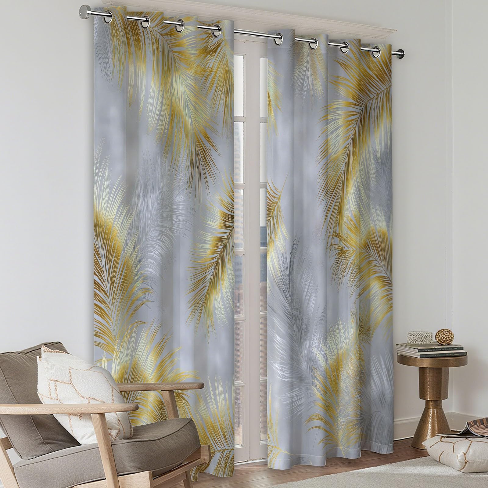 Blickdichte Vorhänge mit Ösen Palmenblätter mit grauem Marmor, Thermovorhang 2er Set 215 x 110 cm Verdunklungsvorhänge mit Kälte - Schallschutz für Wohnzimmer Schlafzimmer, Gardinen