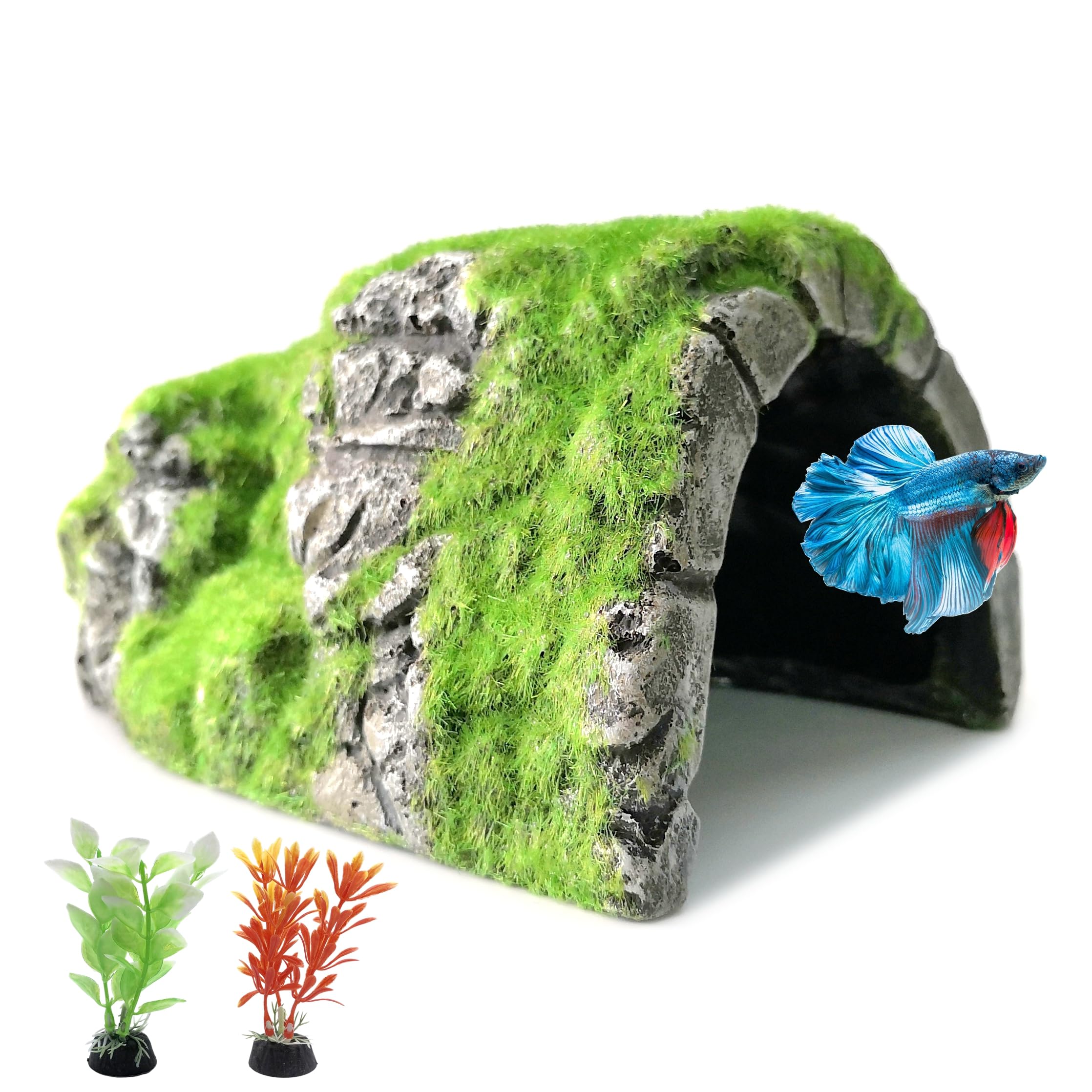 M2cbridge Aquarium Decorations Fish Hideout House Betta Cave with Green Lifelike Moss (Betta Rock Cave)