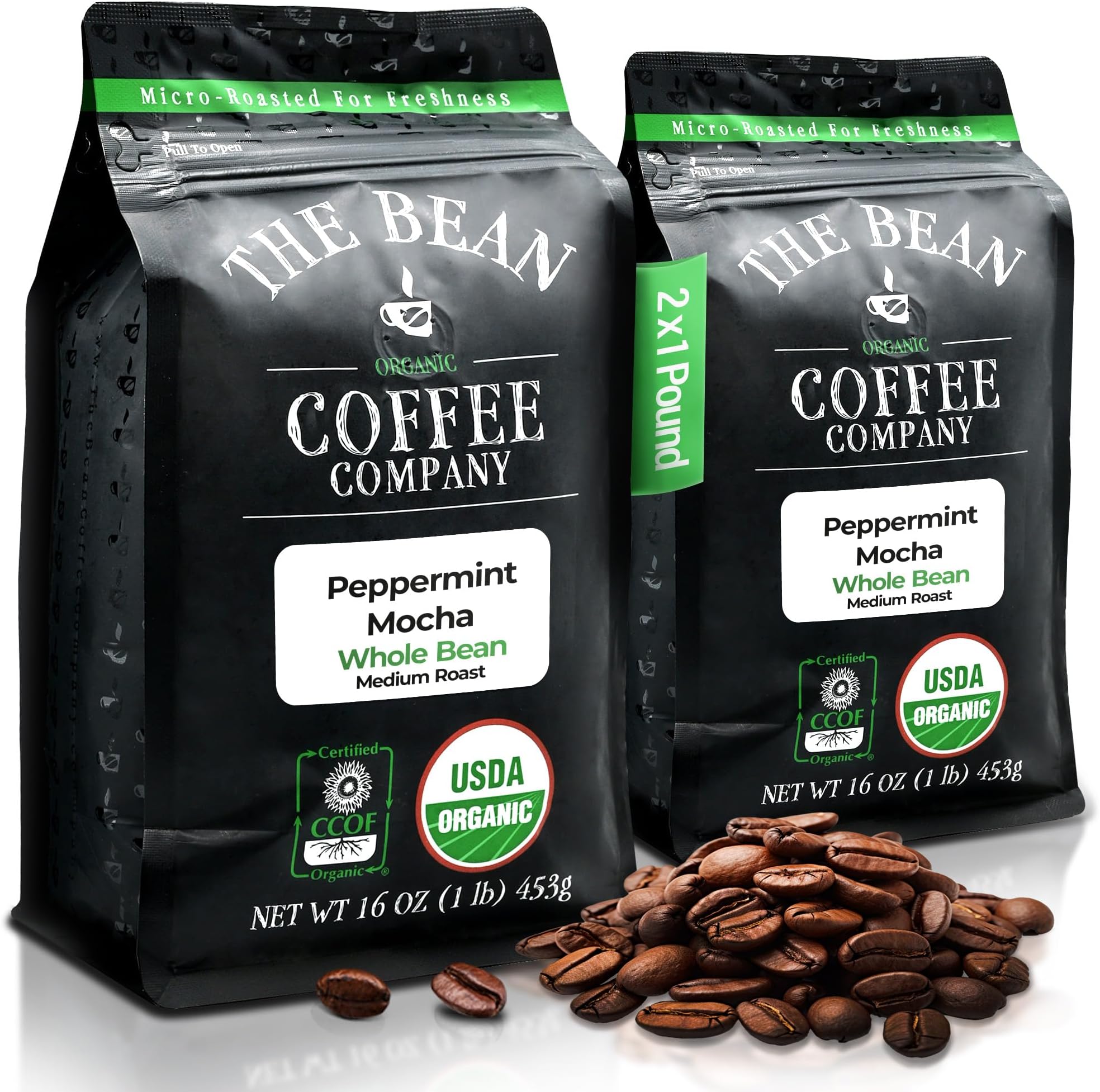 The Bean Organic Coffee Company Peppermint Mocha, Medium Roast, Whole Bean Coffee, 16-Ounce Bags (Pack of 2)