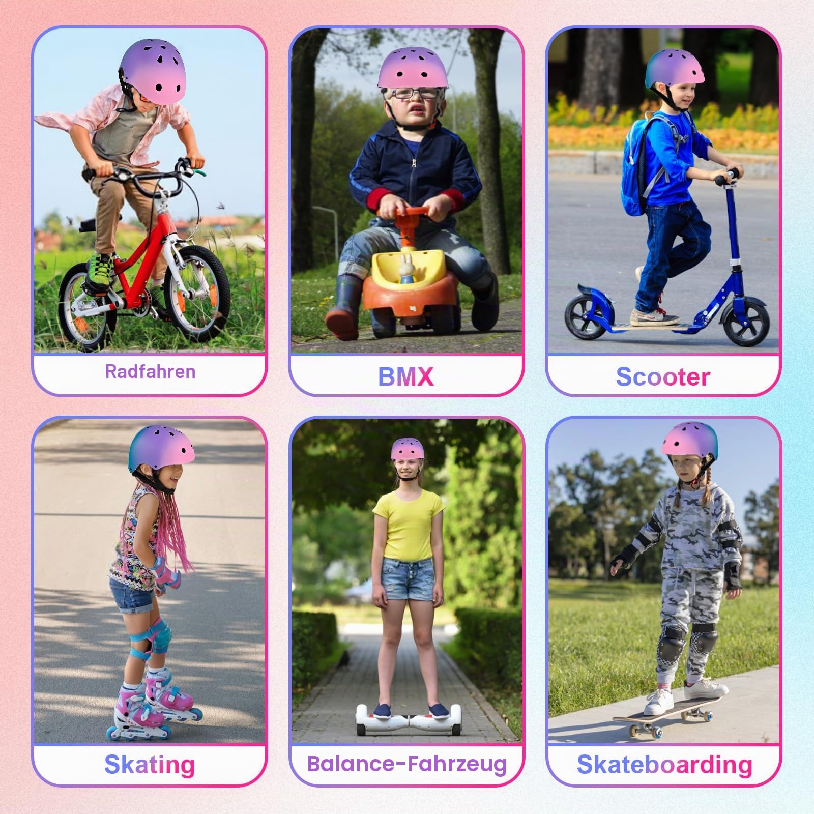 Skaterhelm Fahrradhelm für Kinder, Farbverlauf, Jungen und Mädchen, Sicherheit und Leichtgewichtige Kinderhelm Skateboarding Helm für Fahrrad Skateboard Rollschuh Scooter BMX and Ride Helm