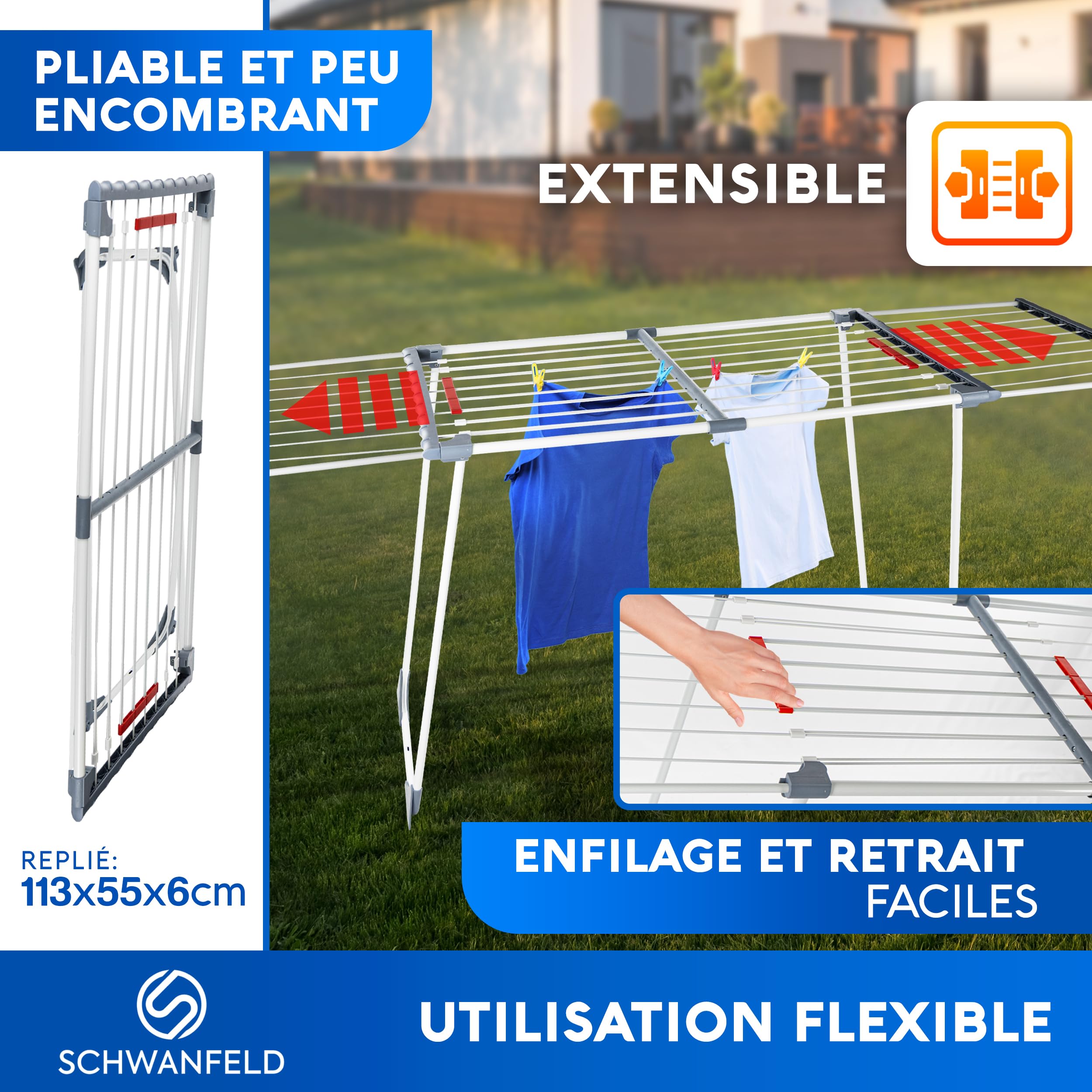 SCHWANFELD® sechoir a Linge Exterieur [20M Longueur DE SÉCHAGE] - etendoir Linge Interieur - tancarville Linge Solide XXL - séchoirs à Linge - étendoir à Linge - etandoire à Linge intérieur