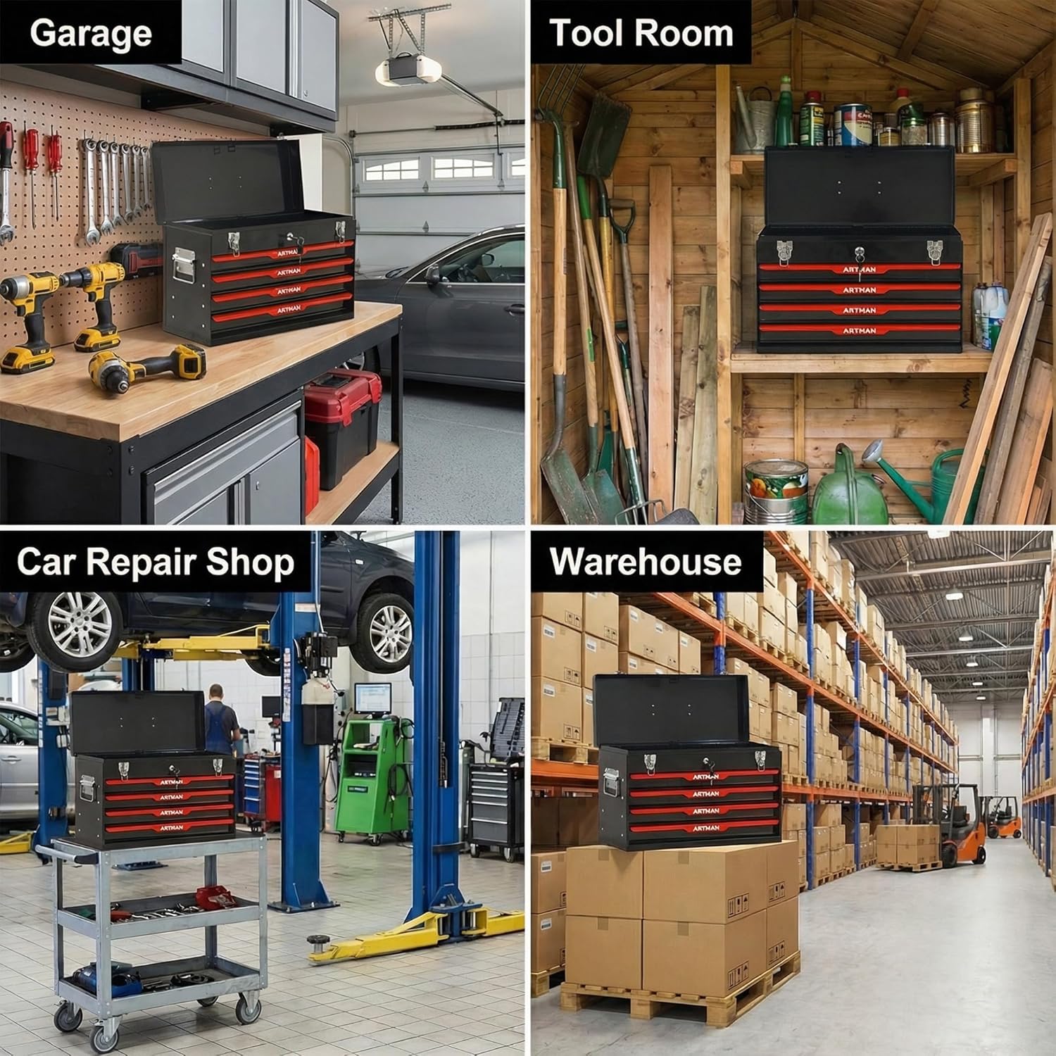 4 Drawers Tool Box with Top Box Portable Steel Tool Chest with Metal Cylinder Lock & Latch Closure & Liner Powder Coating Toolbox for Garage Warehouse Outdoor Repair, Black+Red