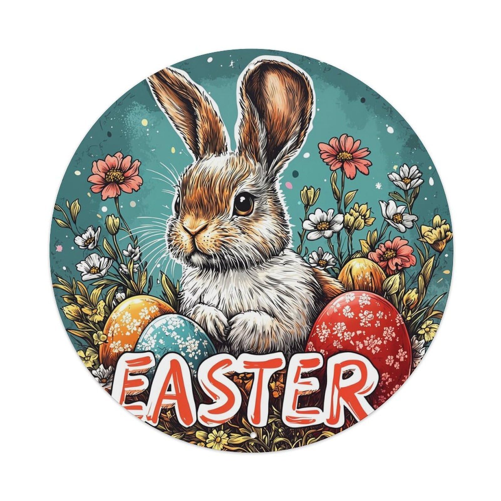 Easter Bunny With Flowers Eggs Tin Sign Metal Poster Vintage Metal Signs for Home Man Cave Bar Cafe Kitchen laundry room Wall Decorations 8x8 inches