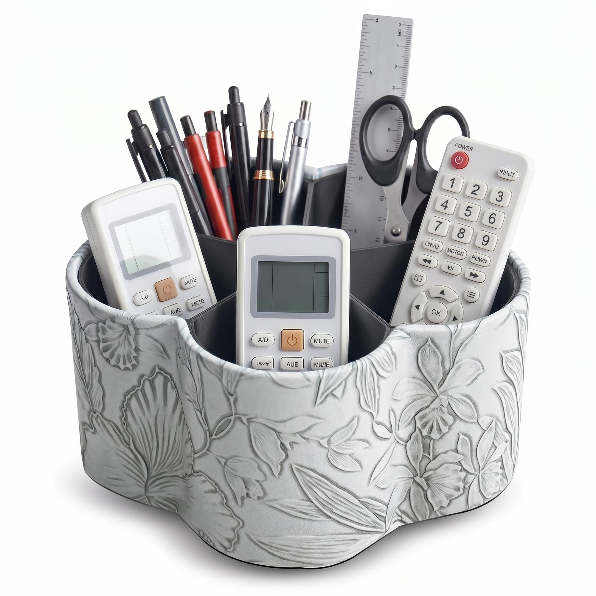 Czzmy Flower Shaped Leather Art Supply Organizer,Remote Control Holder,360 Degree Spinning,Multi-Functional Pencil Holder,5 Compartments Desktop Stationary Organizer(1-Flower Grey)