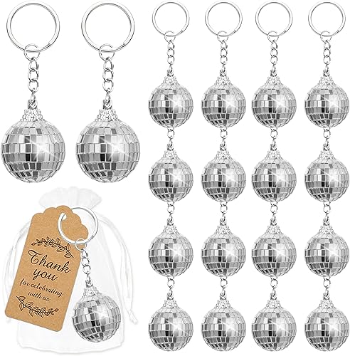 BANBALLON Llavero de bola de discoteca con espejo con bolsas de organza, etiquetas de agradecimiento, regalos de fiesta de discoteca para fiestas