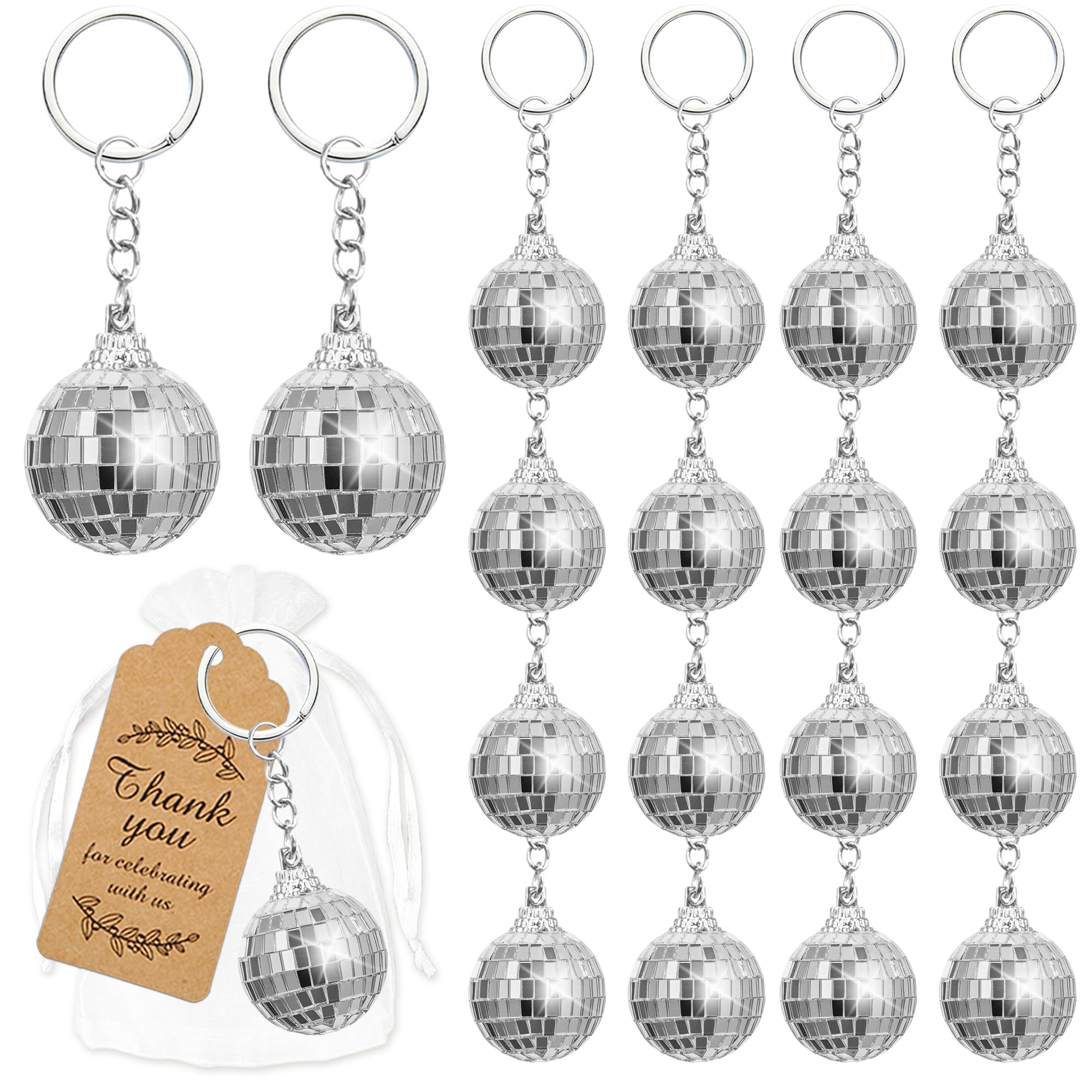 BANBALLON Mirror Disco Ball Keychain With Organza Bags Thank You Tags Disco party favors For 70s 80s Disco Theme Party Birthday Party Classroom Rewards Mini Disco Ball Decorations Supplies (Silver)