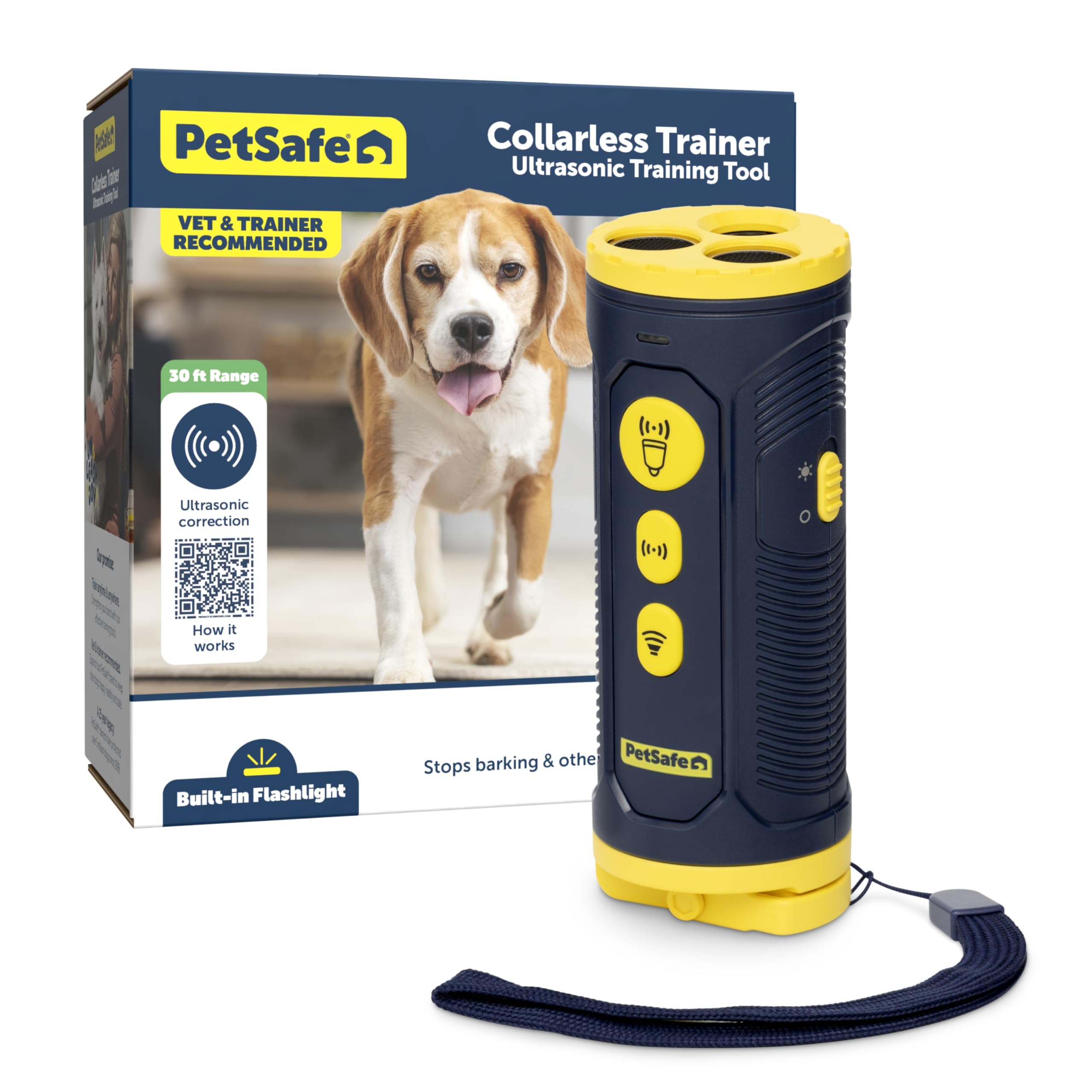PetSafe Trainer ohne Halsband – Ultraschall-Trainingsgerät – tragbares Anti-Bell-Gerät – Ultraschall-Tonsignal, Blinklicht und Variables Tonsignal – wiederaufladbare Batterie – Taschenlampe