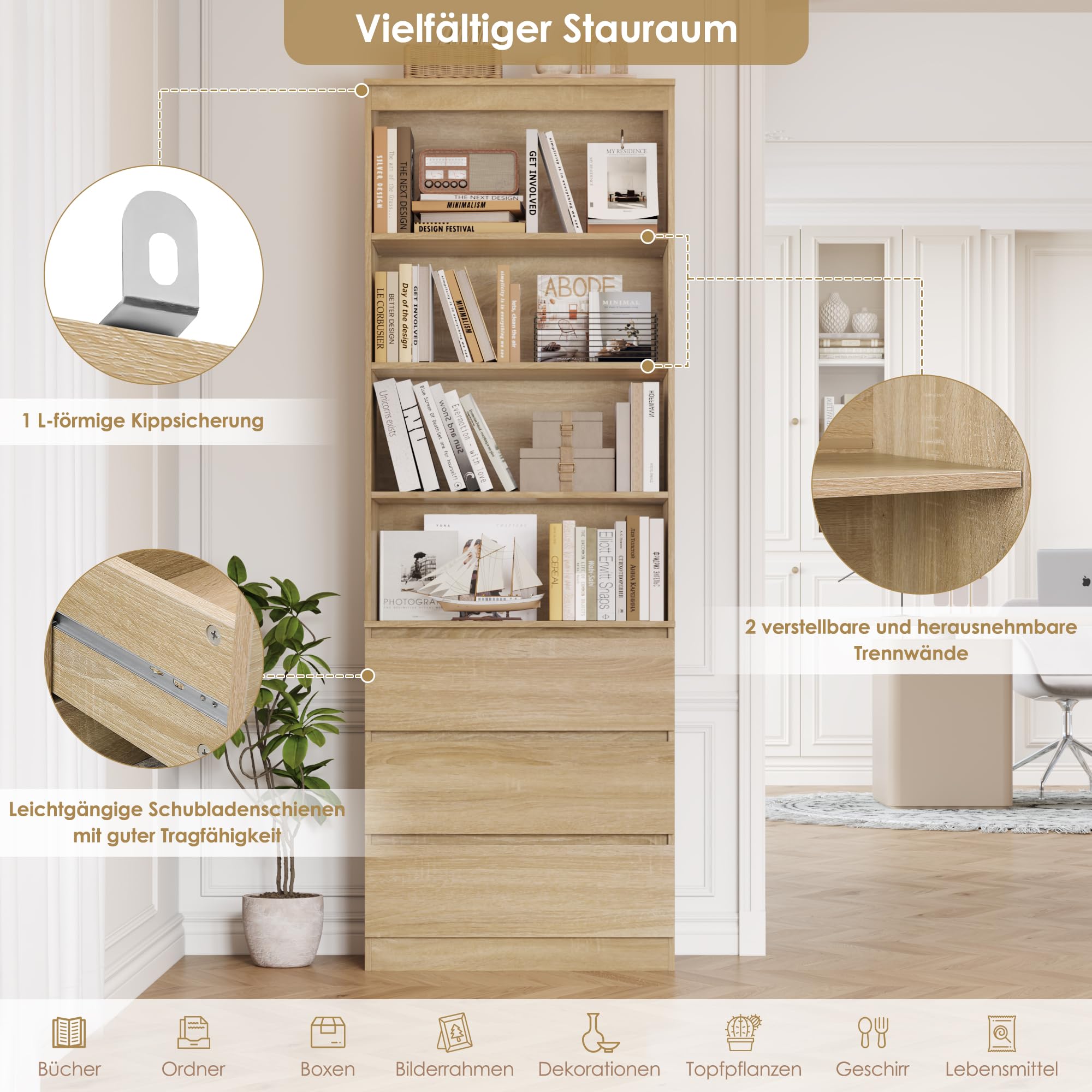 FirFurd 202 cm Bücherregal Bücherschrank mit 3 Schubladen 4 Fächern Eiche | Hochschrank mit verstellbaren Ablagen, Wohnzimmerschrank, Vitrinenschrank für Wohnzimmer Büro Küche, 60 x 35 x 202 cm