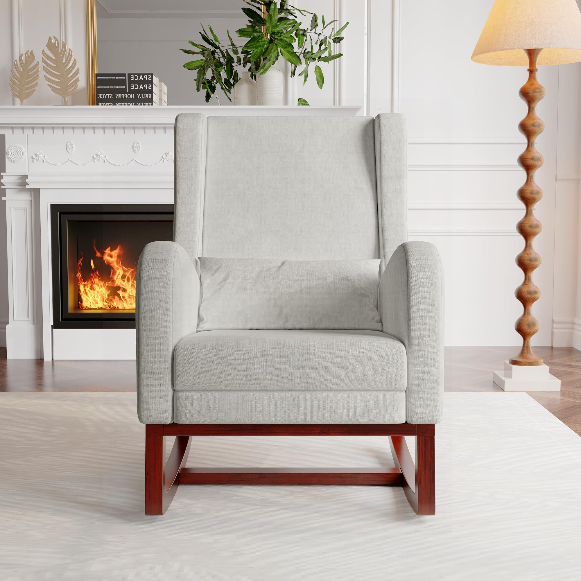 Silla Mecedora con reposabrazos y Bolsillos Laterales, Patas de Madera Maciza, Silla de relajación para Lactancia, Adecuada para Sala de Estar y Dormitorio, con cojín Acolchado (Gris)