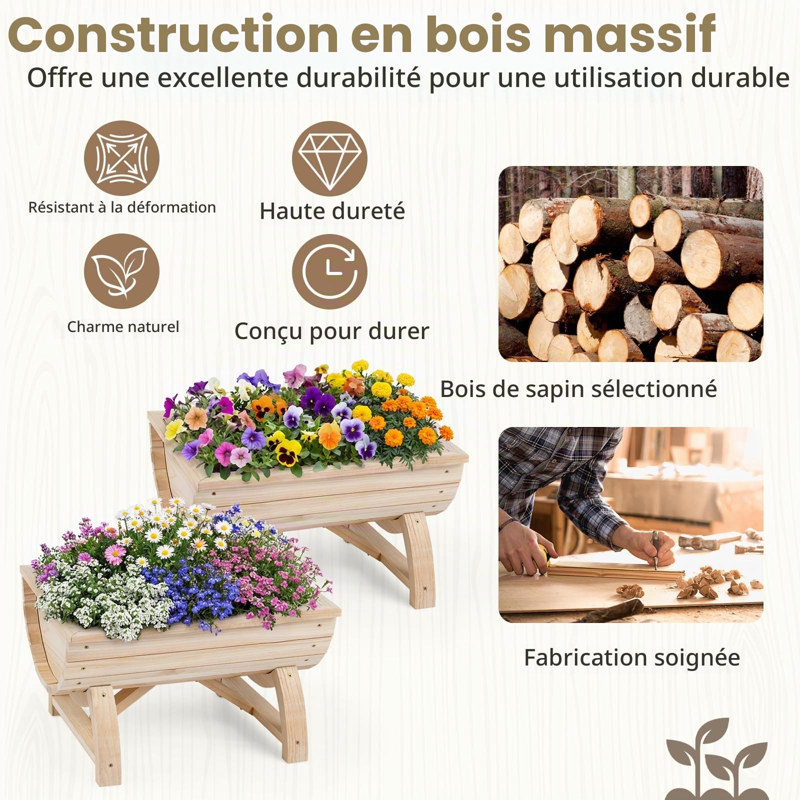 GOPLUS Lot de 2 Jardiniere sur Pieds en Bois Massif, 39x30x24 CM, Carre Potager Forme Demi-Tonneau avec Trou de Drainage pour Légumes, Plantes, Herbes, Table de Culture pour Balcon, Jardin