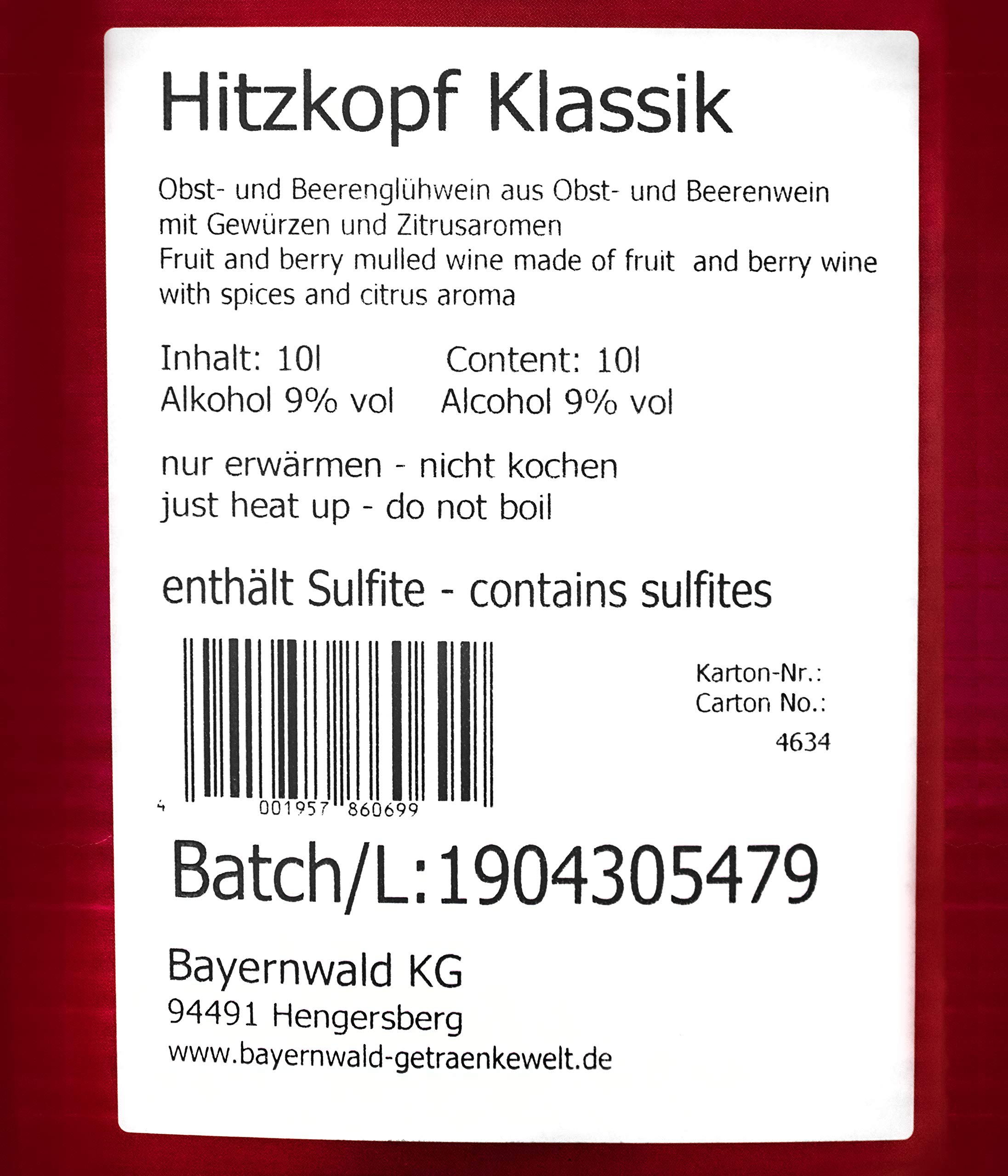 Bielmeier Bayernwald Hitzkopf Klassik roter Glühwein 9,0% vol 3x10 Liter Bag-in-Box