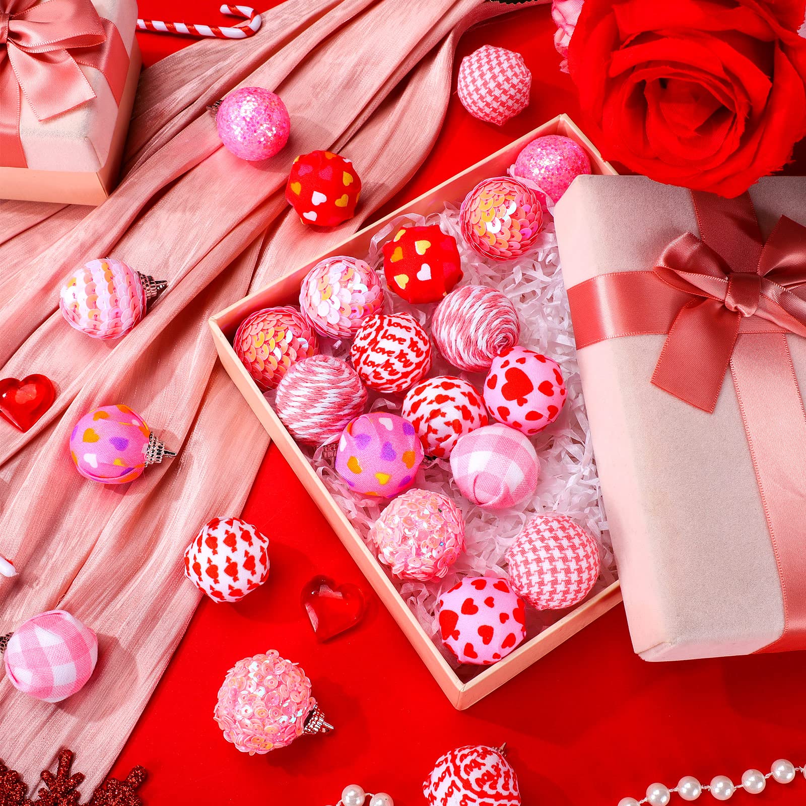 24 bolas de San Valentín adornos para árbol de 30 mm colgantes con purpurina rústica para decoración de fiesta de San Valentín (rosa, blanco, estilo romántico)