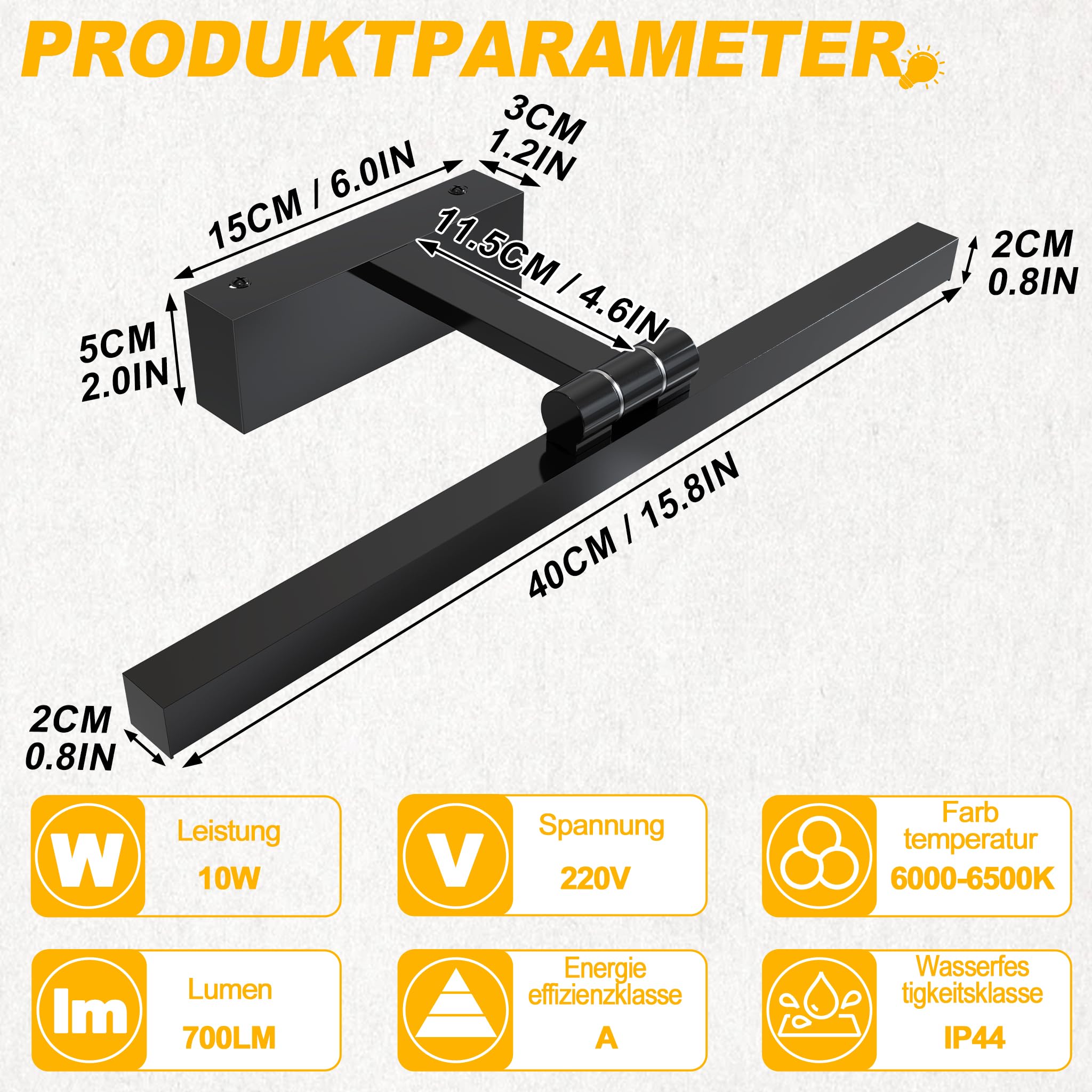 UISEBRT 10W 40cm LED Spiegellampe Badezimmer, Leuchtstoffröhre 180° Verstellbar, Schwarz Badezimmer Lampe Modern IP44 Schrankleuchte für Wandbeleuchtung und Spiegel Beleuchtung, Typ A Kaltweiß