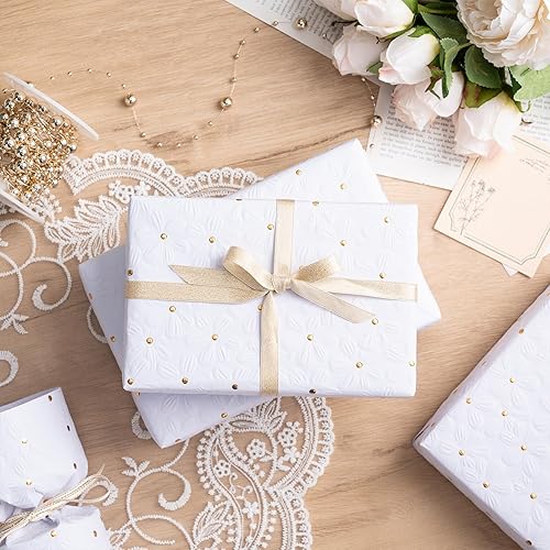 Miniatura 4 de RUSPEPA Rollo de papel de regalo blanco, mini rollo, flor con diseño de puntos dorados, perfecto para bodas, cumpleaños, aniversarios, despedidas de