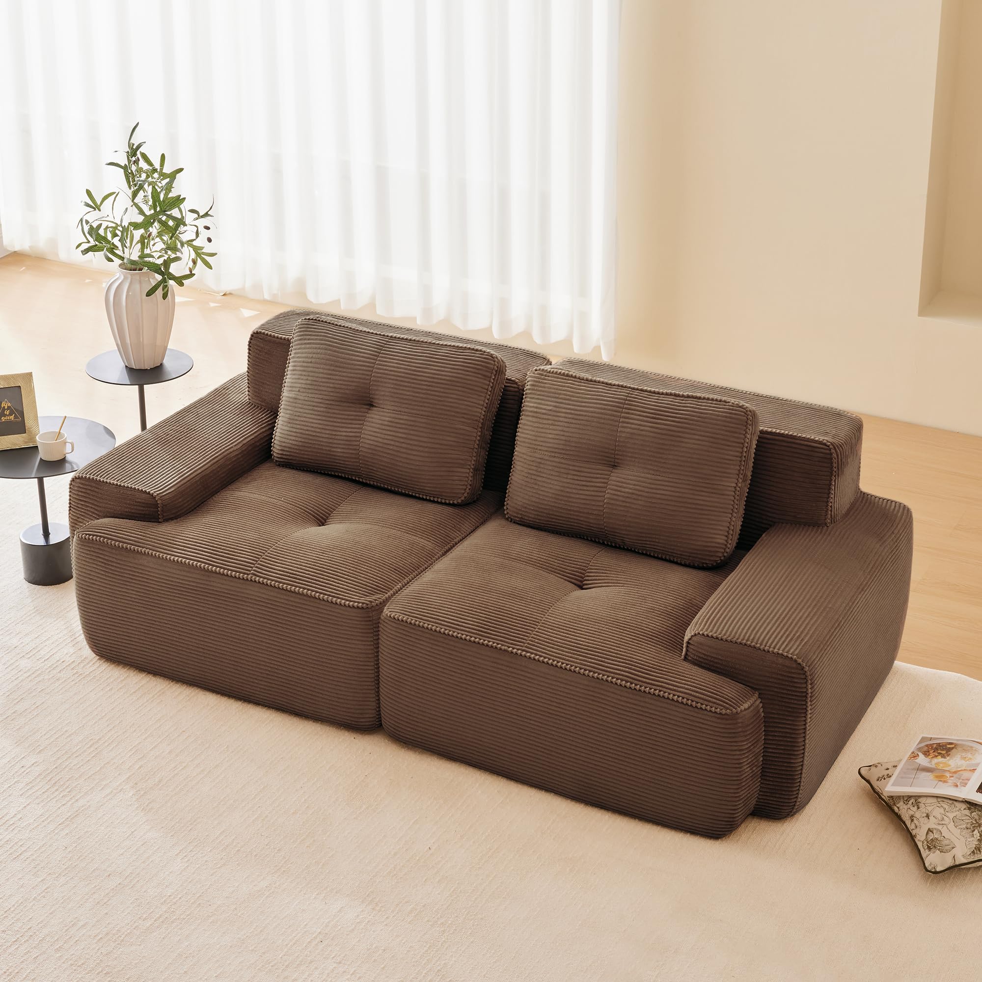 Boneless Sofá modular, moderno para salón con asiento bajo de 74 cm, sofá de pana, sofá tapizado en la nube combinable, para salón (marrón, 2S)