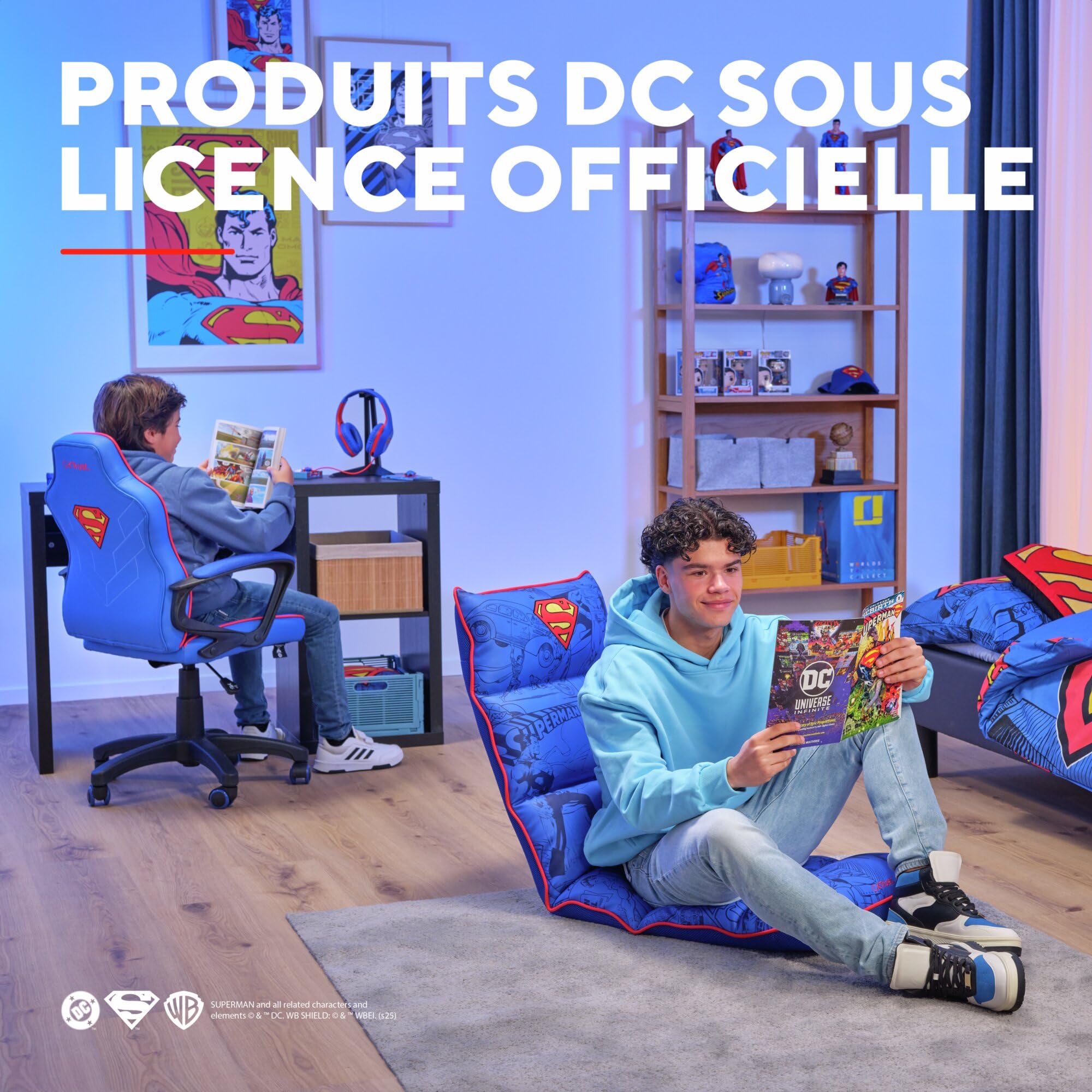 GXTrust Rayzee Chaise Gaming Pliable avec Licence Superman, Bleu | Coussin De Sol Réglable pour Consoles, Supporte Jusqu'à 125 kg, Fauteuil Gamer pour Jeux Relax Enfant Lecture