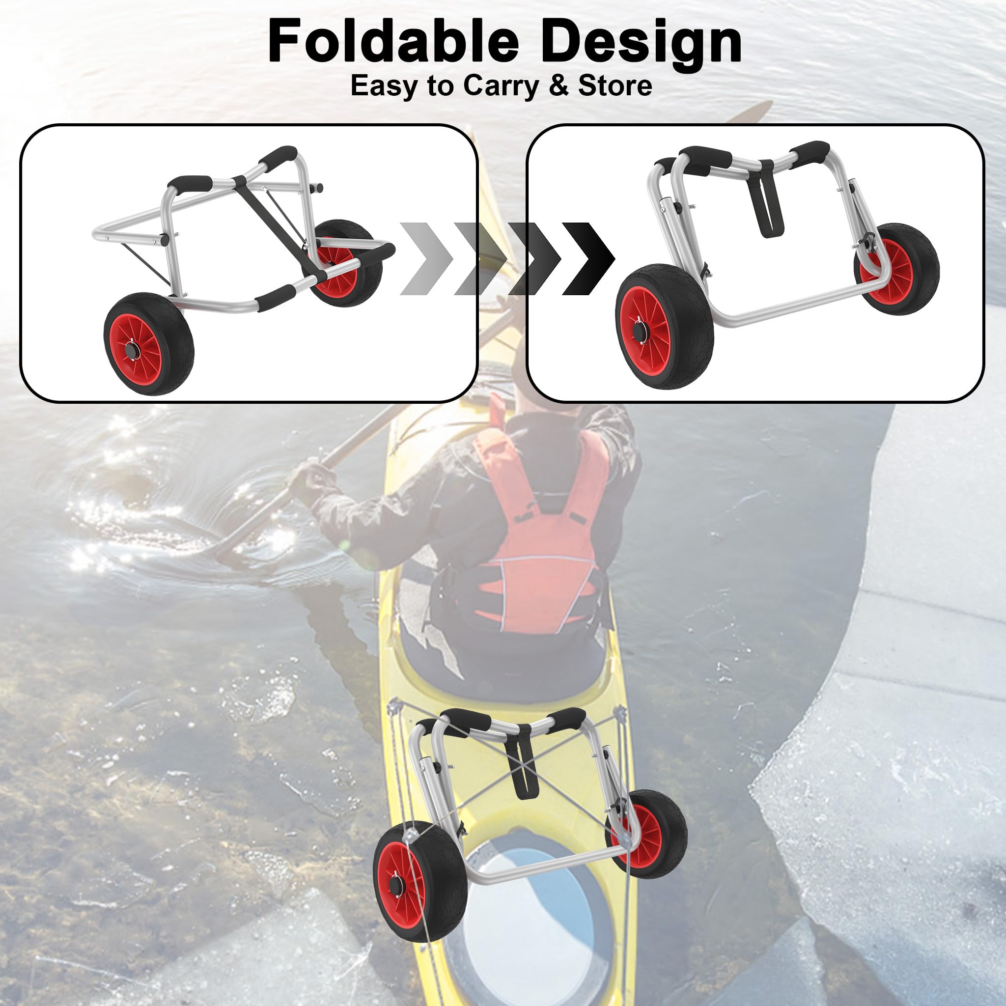 AufuN Kajakwagen bis 100KG, Faltbarer Alu Bootswagen Kanuwagen Transportwagen mit 2 PU-Räder & Spannriemen Surfwagen Bootstrailer für Schlauchboot Kanu Kaja, Paddleboards, Jon-Booten