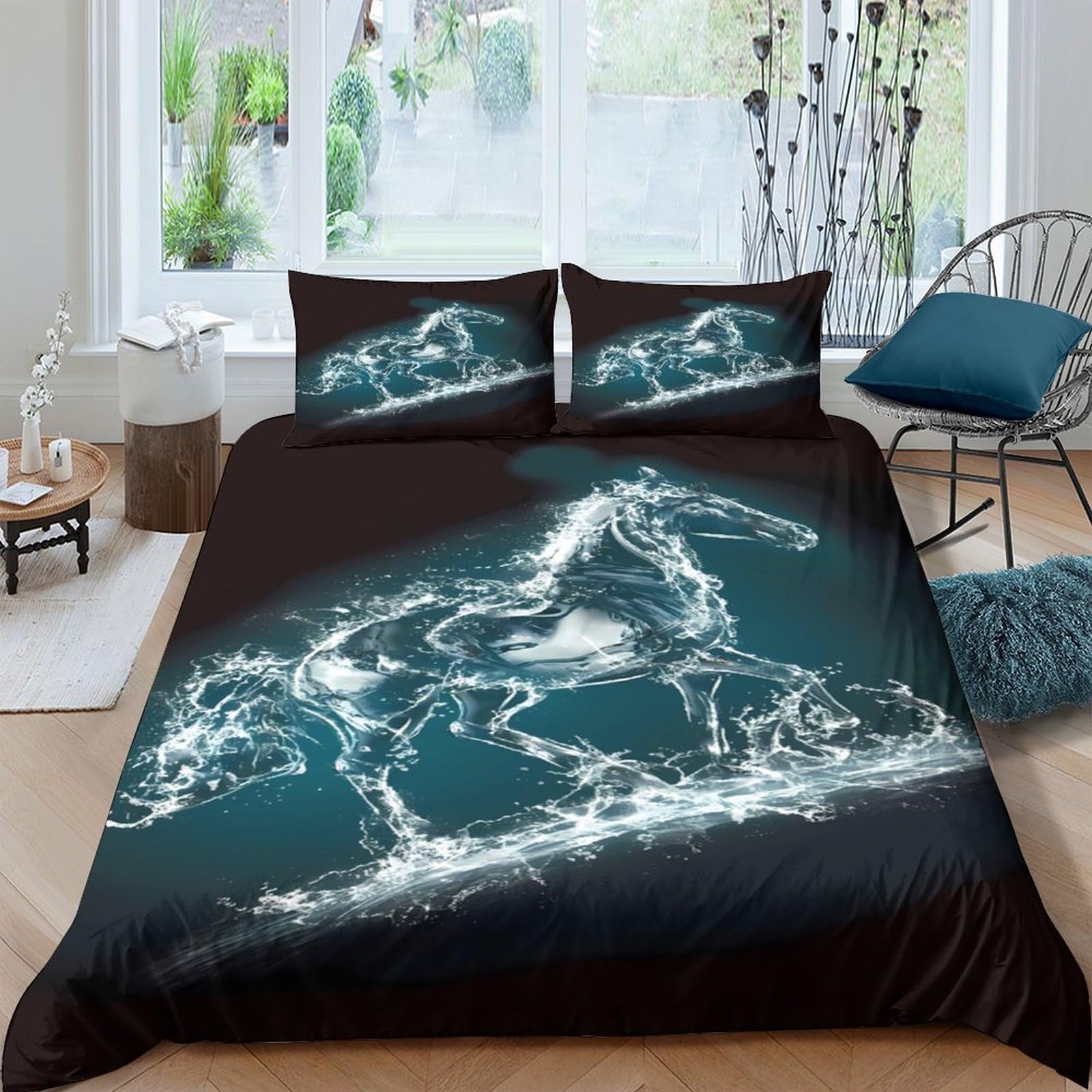 GPLZQXKJNH 3D Printed Water Horse Duvet Cover Microfiber Soft Breathable Lightning Unicorn Bedding Set with 2 Pillowcases for Bedroom Decor Single（135x200cm）