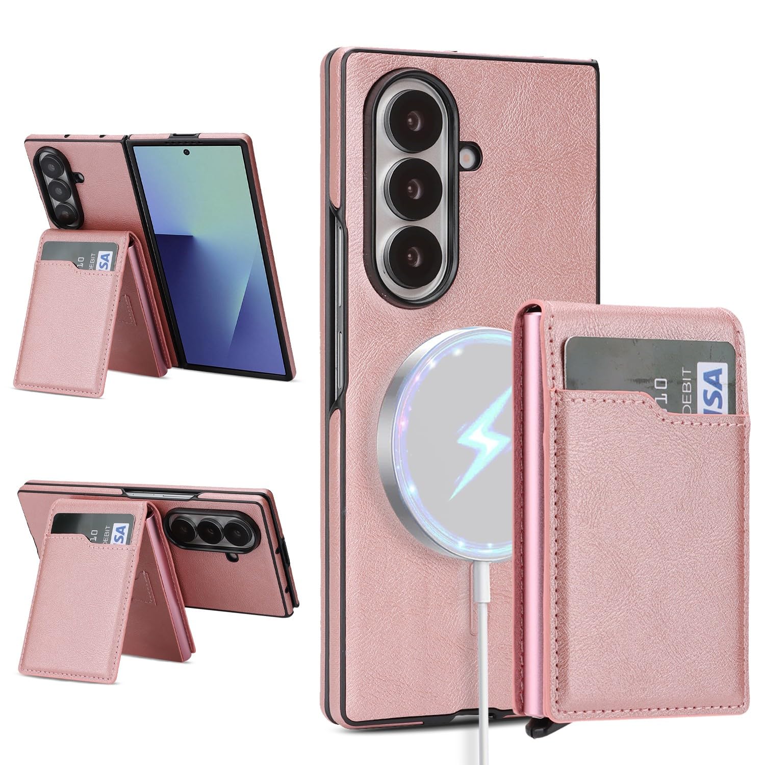 Generic Custodia compatibile con Samsung Galaxy Z Fold 6 (colore rosa) Custodia a portafoglio magnetica in pelle rimovibile di alta qualità