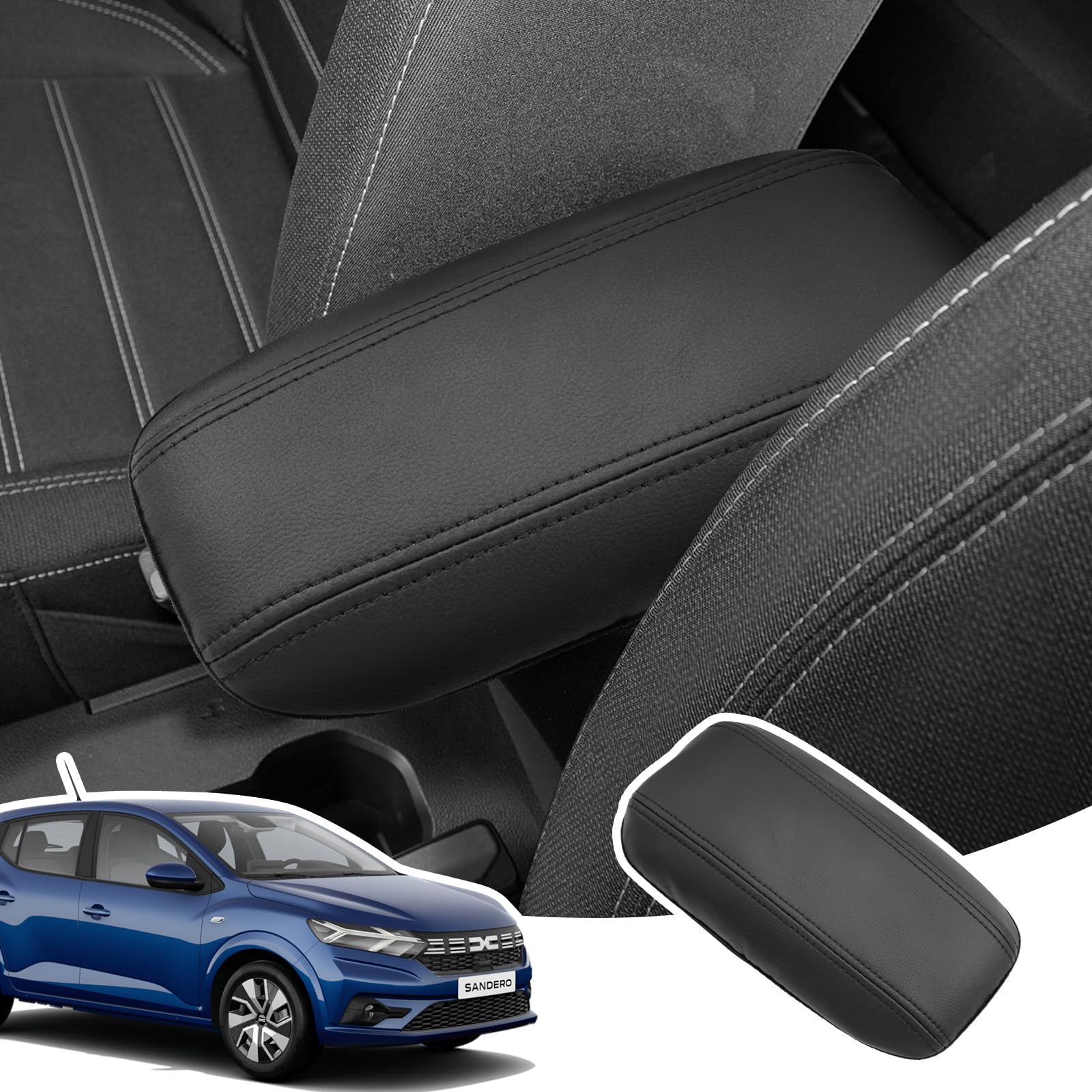 Armlehnenabdeckung für Dacia Sandero 3 2021-2025, Mittelarmlehne Abdeckung aus PU-Leder, Sandero Stepway Armlehnenschutzhülle Mittelkonsole Zubehör zur Erhöhung der Armlehne, Schwarz