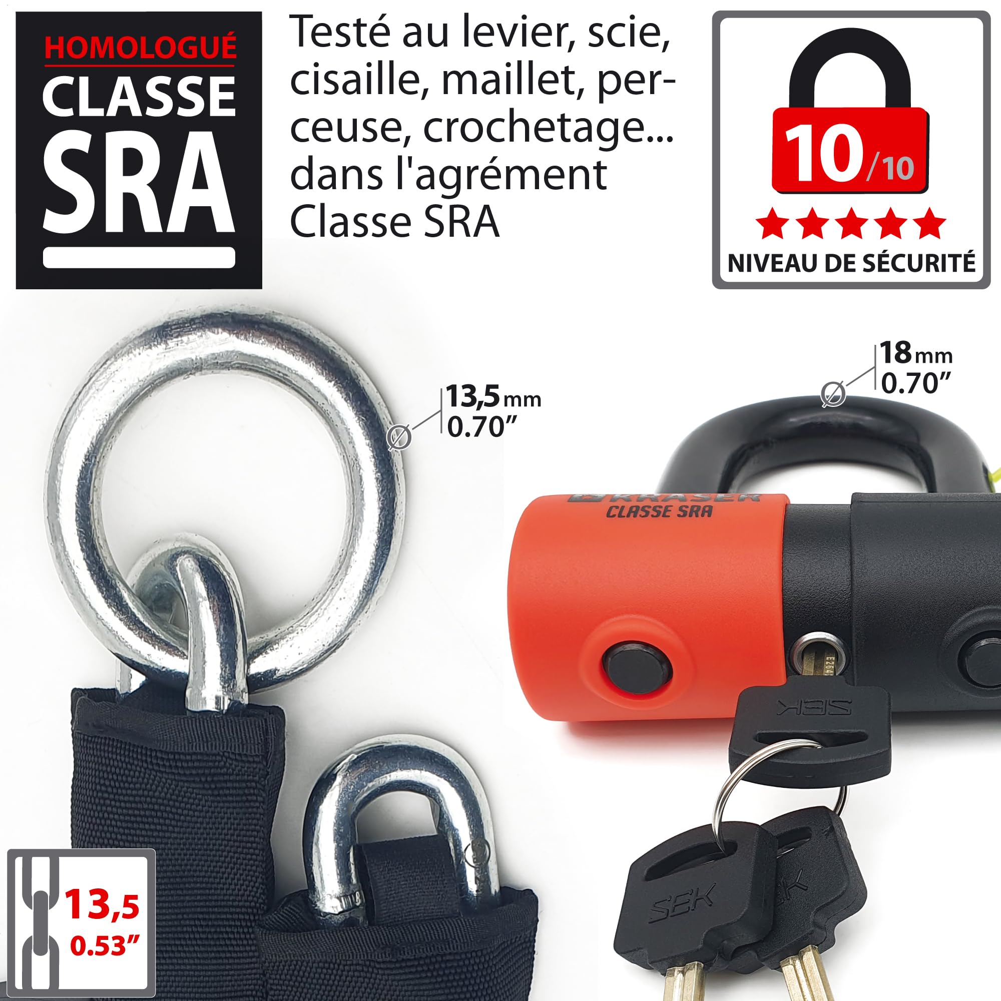 KRASER KR50120L Antivol Moto Homologué SRA | Chaîne ø13,5 Haute Sécurité Acier Cémenté Testée + Robust Mini U ø18mm, 3 Clés (autres 2), Bloque Disque + Chaîne, 2en1, Recommandé Assurances, 120cm Lasso