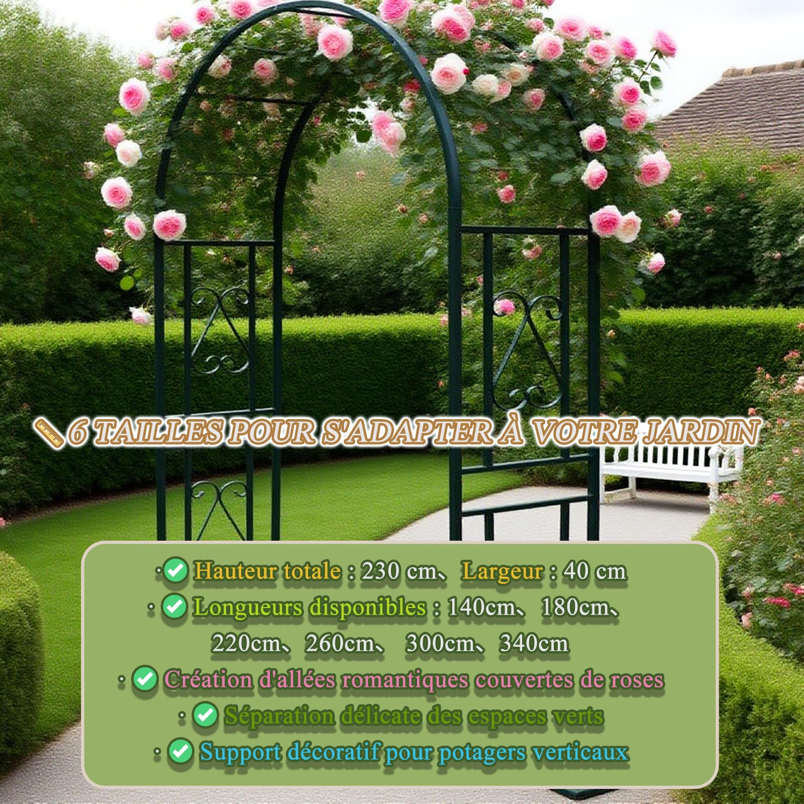 Gartenpavillon aus weißem Metall, eleganter Kletterpflanzenbogen für Hochzeiten und Outdoor-Dekoration, verstärktes flaches Design, L300 x B40 x H230 cm, romantische Gartenstruktur