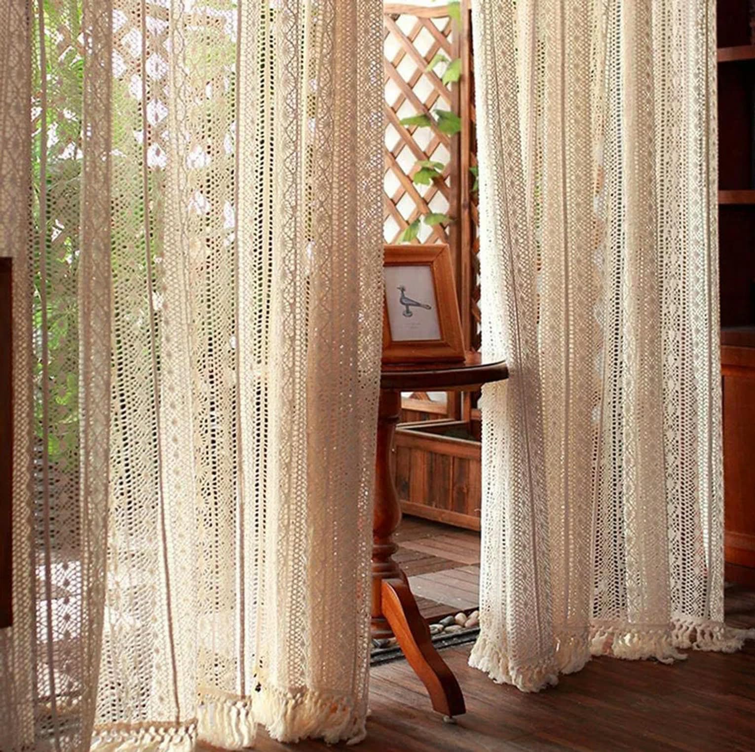 Rideaux en coton – Rideaux vintage avec passe-tringle pour salon et chambre à coucher Décoration d'intérieur élégante 1 pièce