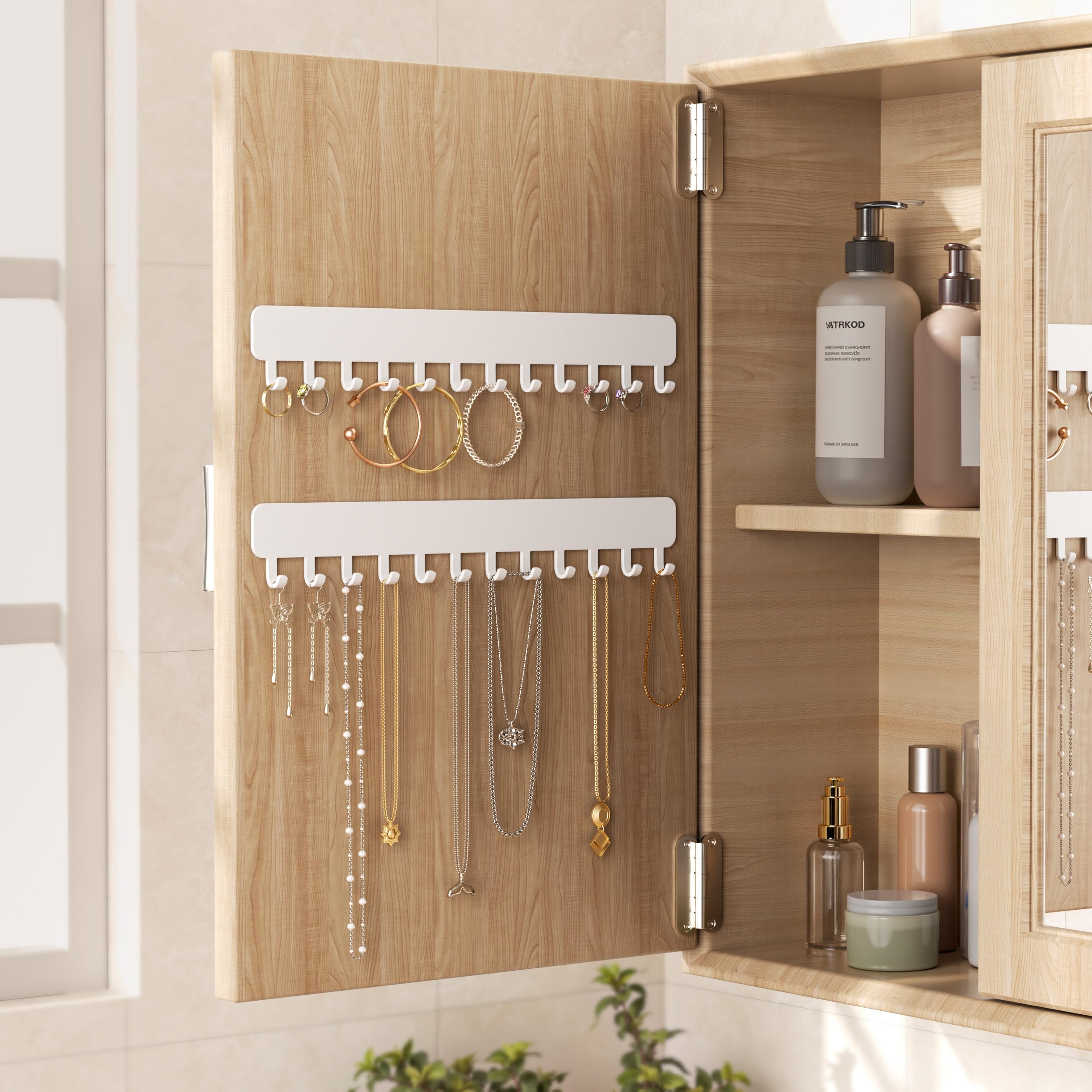 Josmimic Organizador de joyas para colgar en la pared, autoadhesivo, con ganchos para collares, pulseras, pendientes, solución de exhibición y almacenamiento para mujeres, 2 unidades, color blanco — view 4