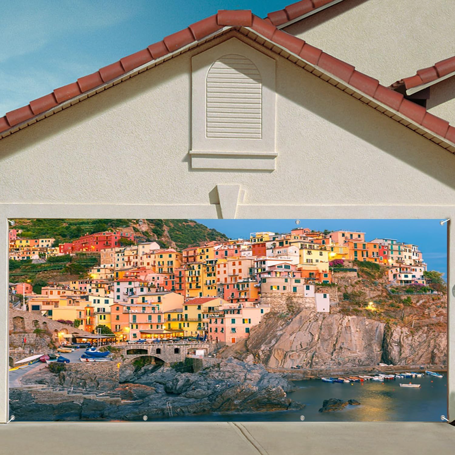 7x16ft Seaside Landscape Garage Door Decor Italy Manarola Fishing Shoreline Village Beautiful Coast View Garage Decorative Mural Romantic Holiday Photo Wallpaper Props