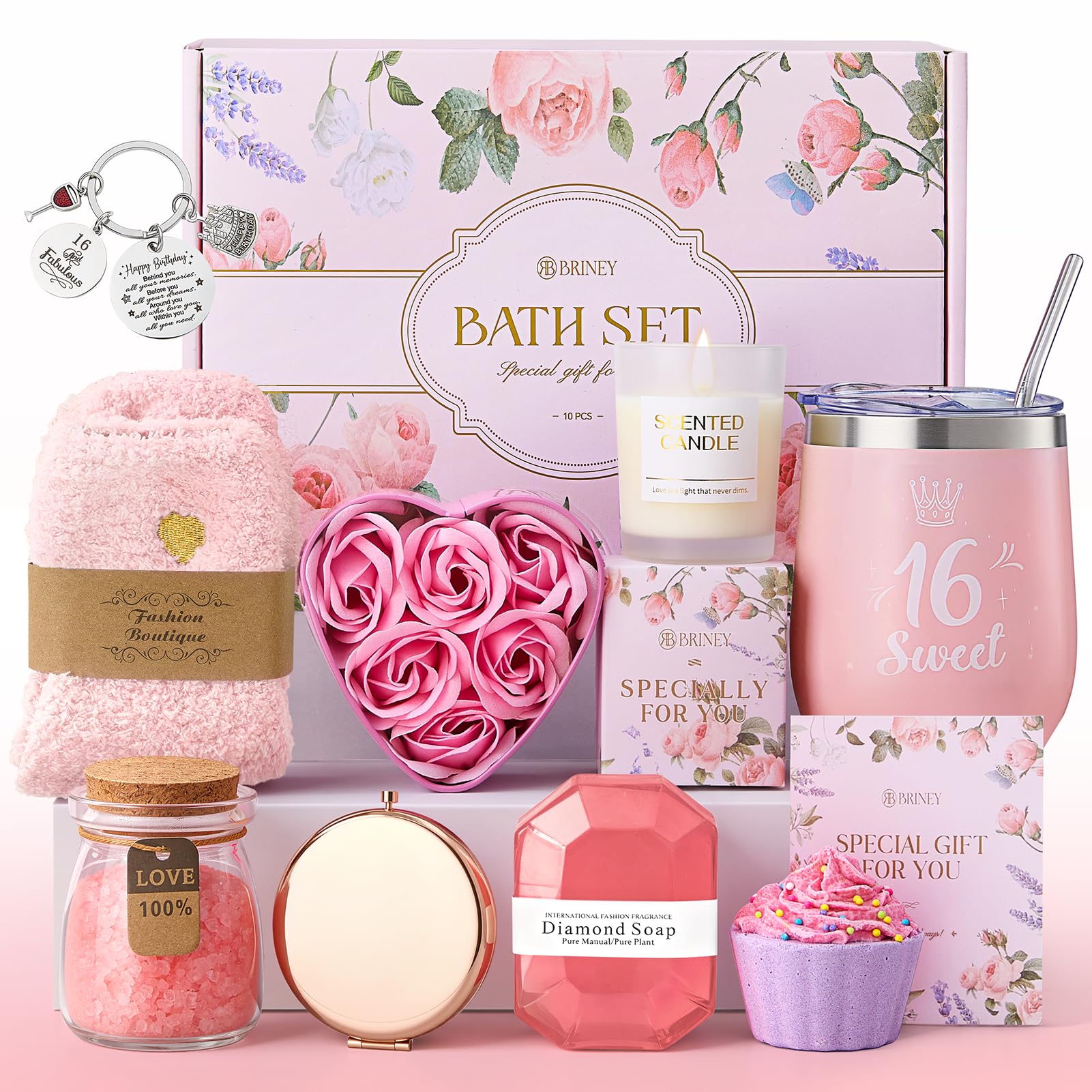 Briney 10 Pcs Pamper Bath Sets for Women Gifts, Relaxation Spa Sets for Her 16th Birthday Gift, Unique Birthday Present Relaxation Spa Bath Basket, Get Well Soon Package for Friends Sister Girls