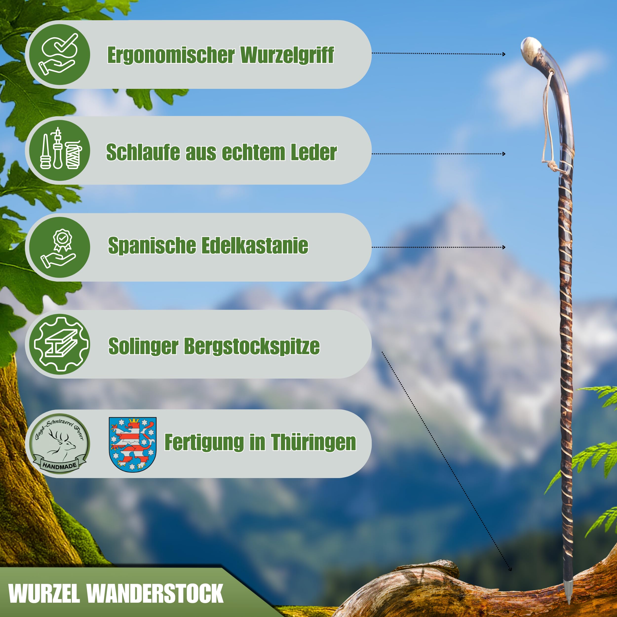Holz Wanderstock mit Doppelspirale und Sternzeichen-Symbolen-Optional, Länge 98-150 cm - Personalisierte Gravur bis zu 10 Zeichen im Preis enthalten