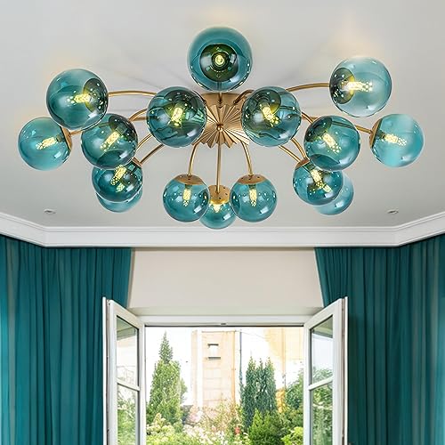 Miniatura 7 de Mid Century Gold Sputnik Chandelier 16-Light Blue Glass Globe Flush Mount Ceiling Light Fixture Blossom Accent Starburst Chandeliers Contemporary
