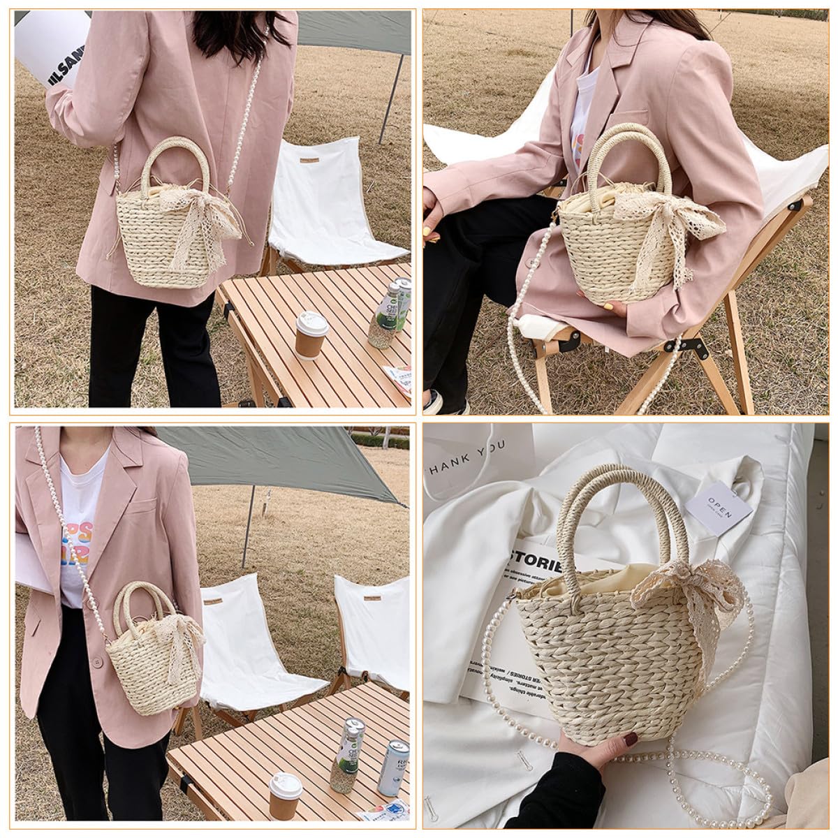 Abaodam Borsa Tracolla Donna in Paglia Beige con Decorazioni a Sfera, Borsa da Spiaggia per Party e Shopping, Funzionale per Storage e Design Raffinato