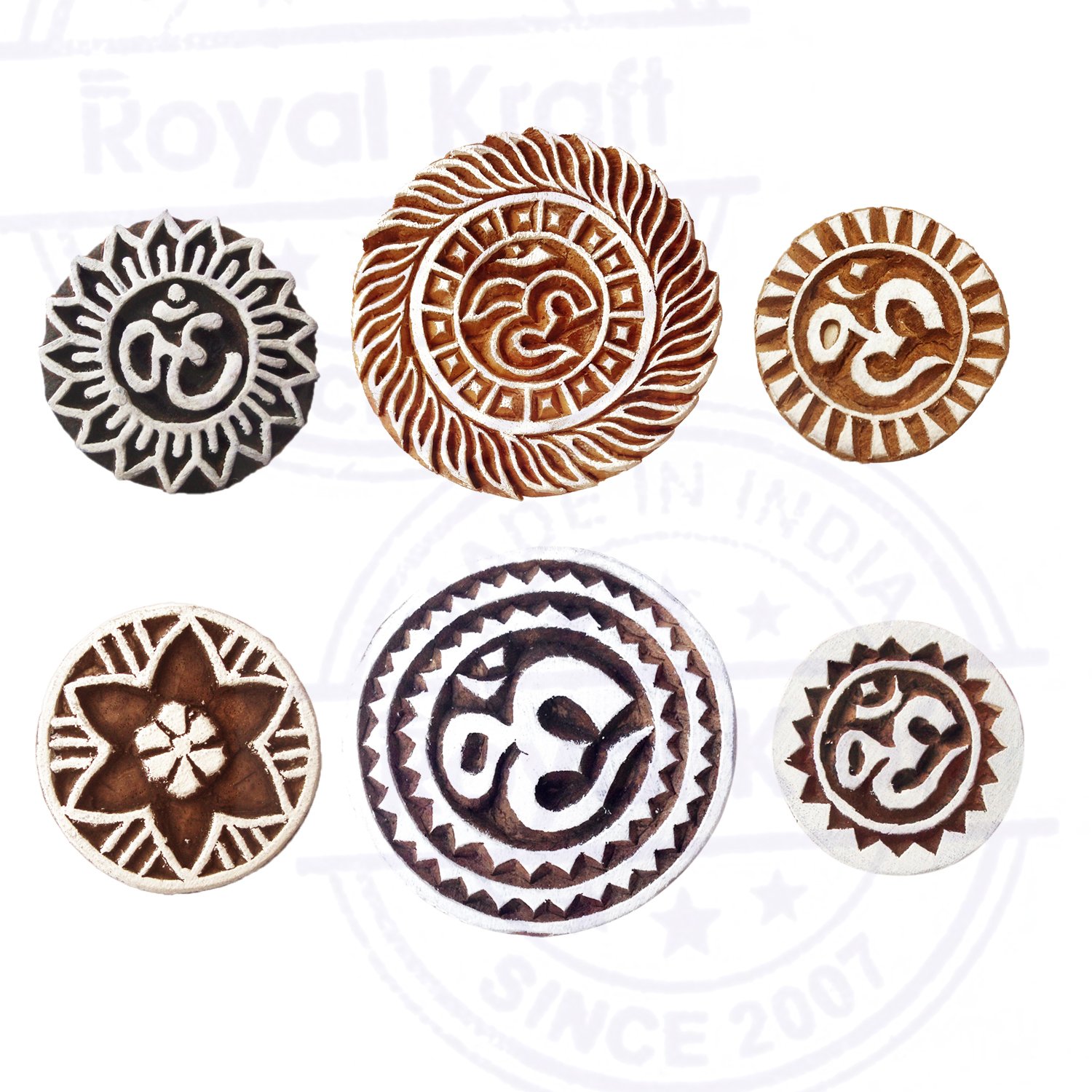 Clay Printing Stamps Designer Round Om Sign Shape Wooden Blocks (Set of 6)