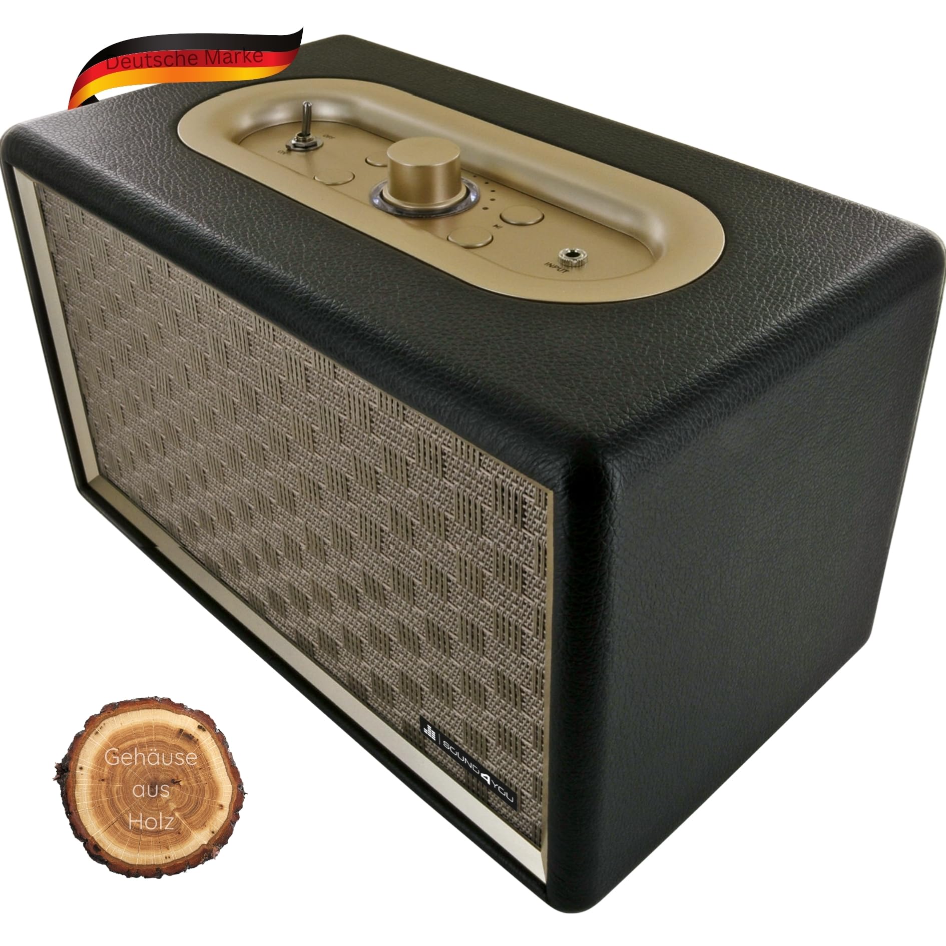 SCHWAIGER 661705 Enceinte Bluetooth rétro Enceinte Vintage Aspect Cuir Boîtier Bois Batterie HiFi Boîte à Musique INCL. câble Jack Câble Micro-USB Noir