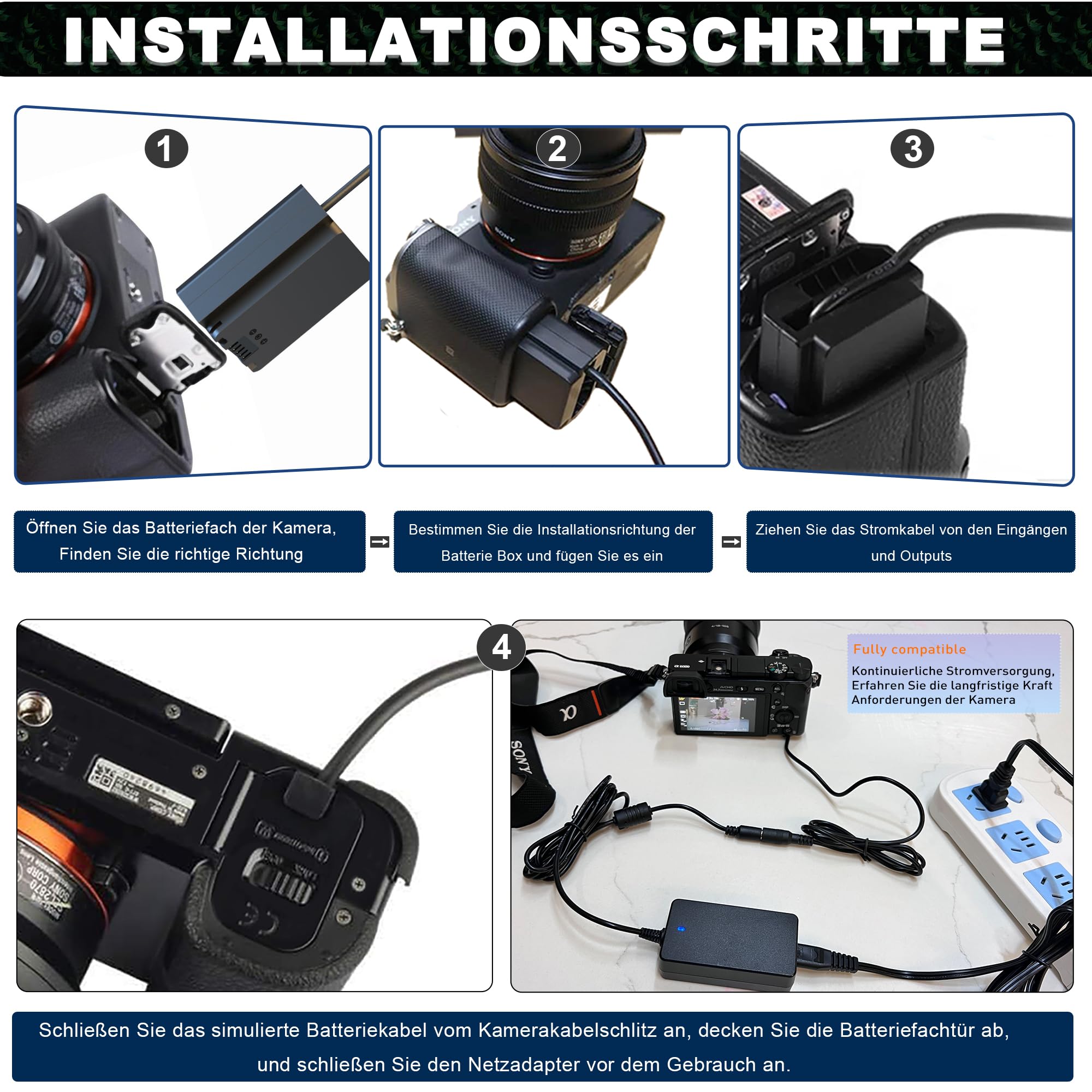 NP-FZ100 AC-Netzadapter/DC-Koppler Dummy Batterie-Kit, für Sony A6600, A6700, ZV-E1, ZV-E10II,A7III,A7SIII,A7C,A7IV,A7R III,A7RIV,A7CR,A7C II,A7RV,Alpha 9,A9II,A9III,A9R,A9S Kamera