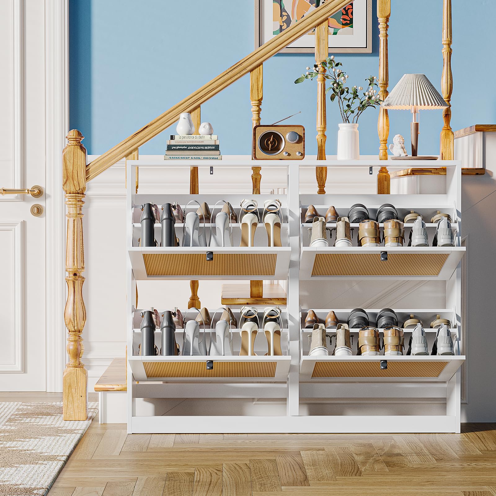Rattan Shoe Storage Cabinet with 4 Flip Drawers, Freestanding Shoe