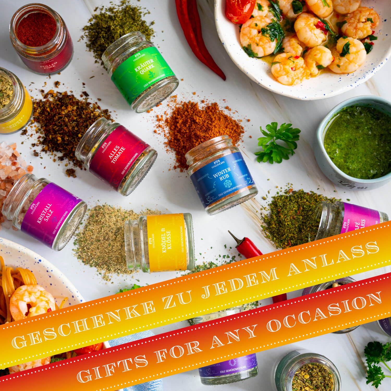Hallingers Genuss Manufaktur Gewürz Glückwunsch-Geschenk-Set - 24 Gewürze aus aller Welt in wertiger Geschenkbox mit Rezept-Booklet ""Herzlichen Glüc..."", Geschenkidee für Frauen Männer