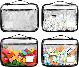 Tesuko 4 Packs PVC Clear Zippered Blocks Bag Set, Toy Storage Organizer with Portable Handheld Mesh Pocket and Label, Toy Building Blocks Travel Case Waterproof for Board Games Clay (Only Clear Case)