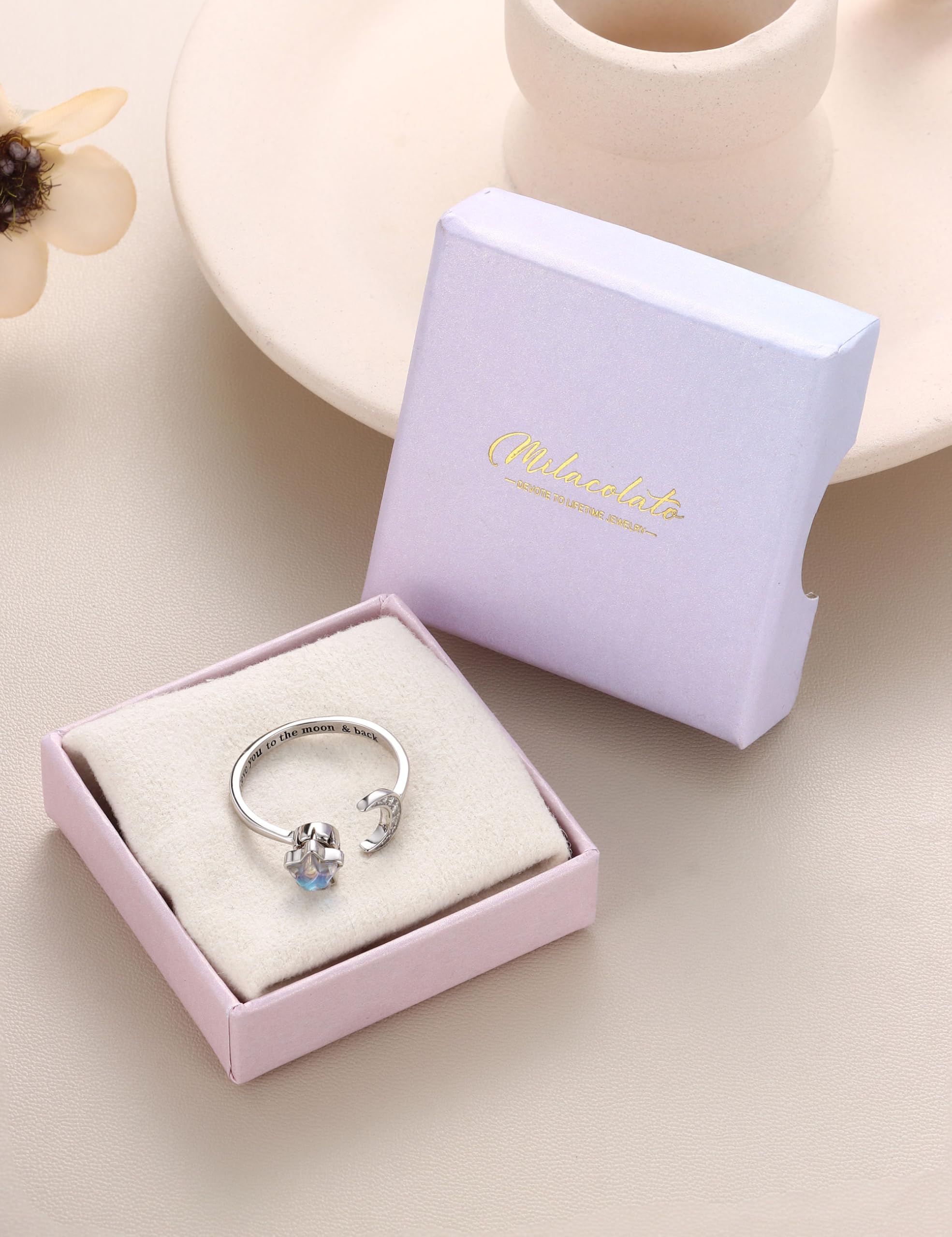WBDWWTD MILACOLATO Fidget Ring für Frauen Kinder Mädchen Unruhe Ringe offen Einstellbare Silber Sonnenblume Opal Mondstein Stern Mond Schnee Lotus Spinner Ringe