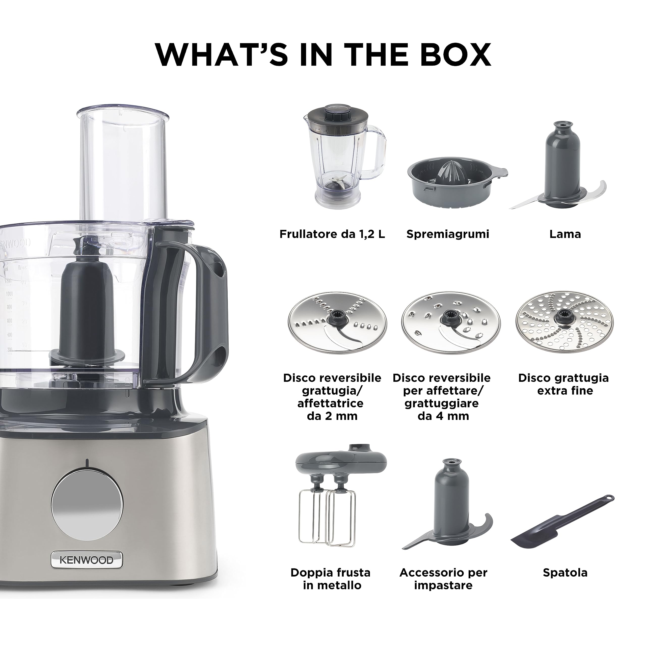 Kenwood Multipro Compact FDM301SS Robot da cucina con 2 velocità di Lavorazione+Pulse, Ciotola da 2,1L, Frullatore da 1.2 L, 3 Dischi in acciaio, sbattitore doppia frusta, Spremiagrumi