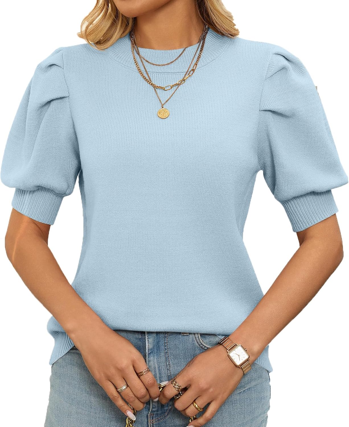 Womens Puff Short Sleeve Sweater Summer Trendy Crew Neck Casual Knit Shirts Blouses Tops
