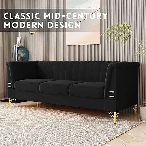 Miniatura 8 de Sofá de terciopelo moderno de mediados de siglo, sofá negro dorado de 83 pulgadas con patas de metal dorado, cómodos sofás para sala de estar y