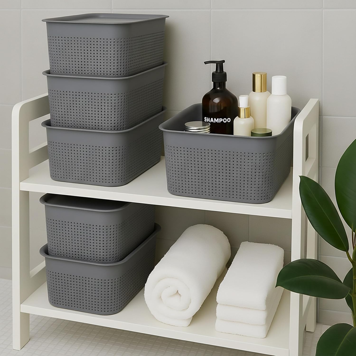 Relaxdays Storage Set of 6, with lid, 5 L Organiser Box, HWD: 13x26.5x19 cm, Stackable Plastic, Grey, 13 x 26.5 x 19 cm