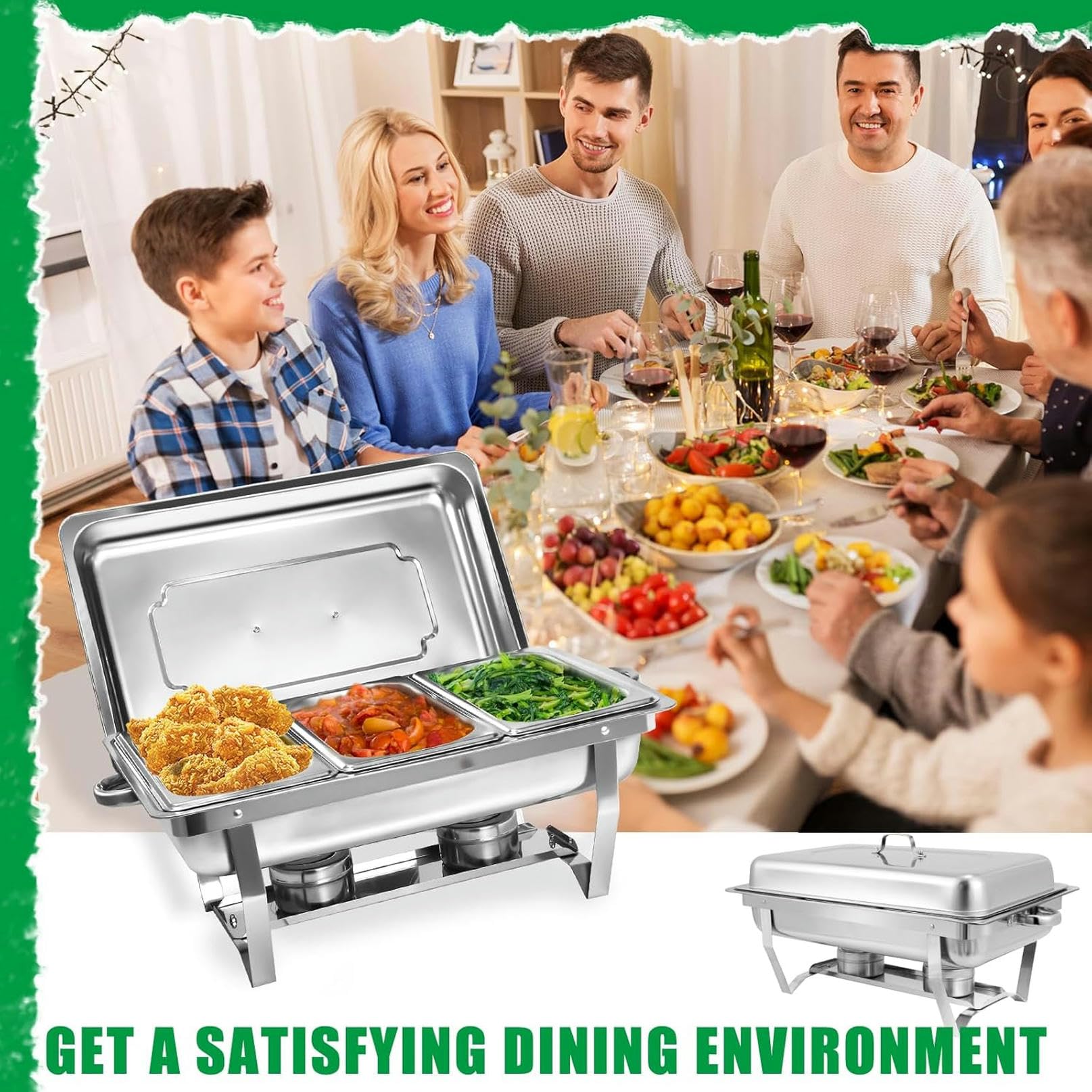 8 Pack Buffet Buffet Buffet, Acero Inoxidable Catering Food Warmer con Bandejas De Comida para El Equipo De Buffet De Boda De Fiesta (4 Paquetes 1/1 Sartén + 4 Paquetes 1/3 Sartén)