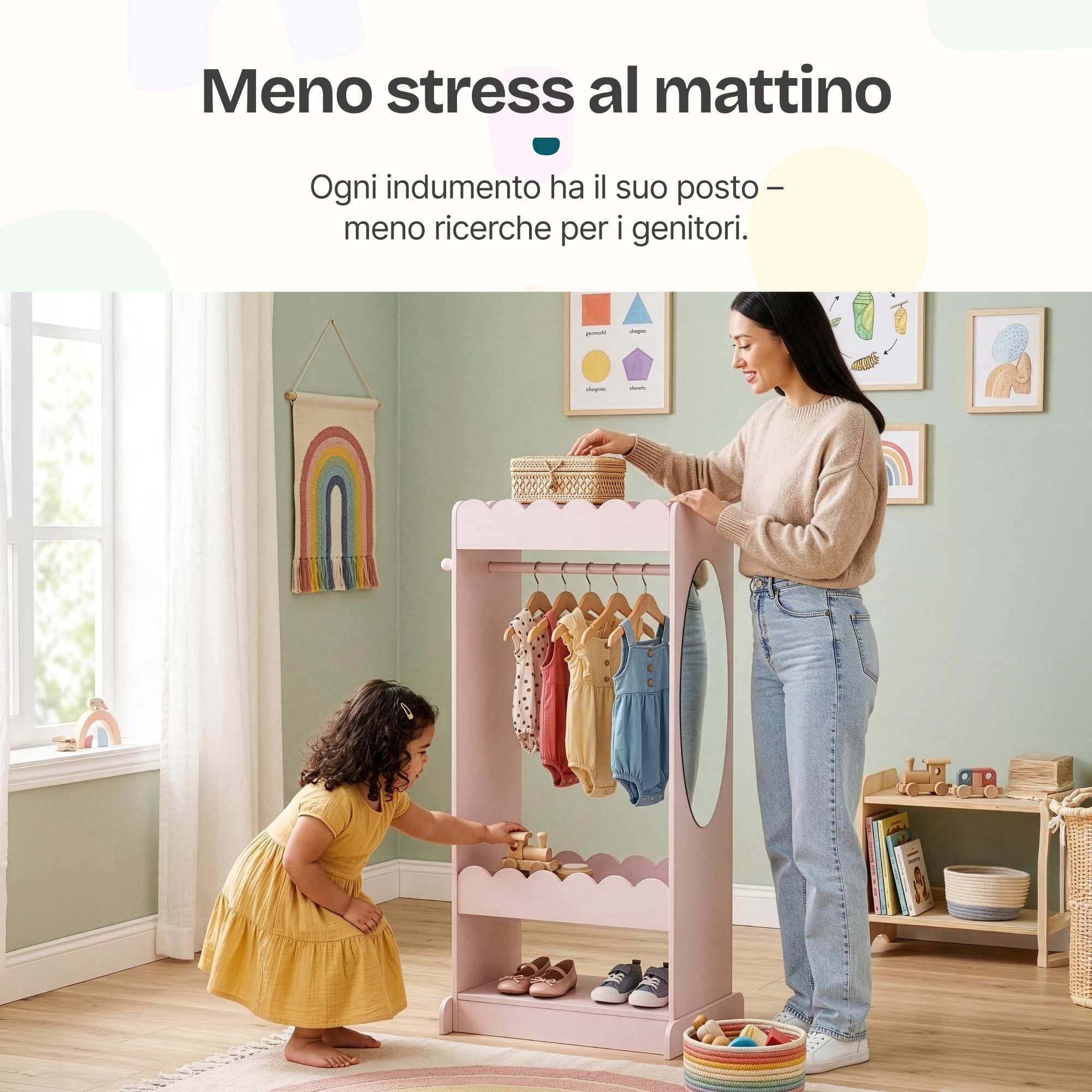 [en.casa] Armadio Guradaroba per Cameretta con Specchio Ovale Asta Appendiabiti e 2 Ripiani Vano Porta Oggetti Vestiti Scarpe a Misura di Bambini 120 x 63 x 38 cm - Rosa