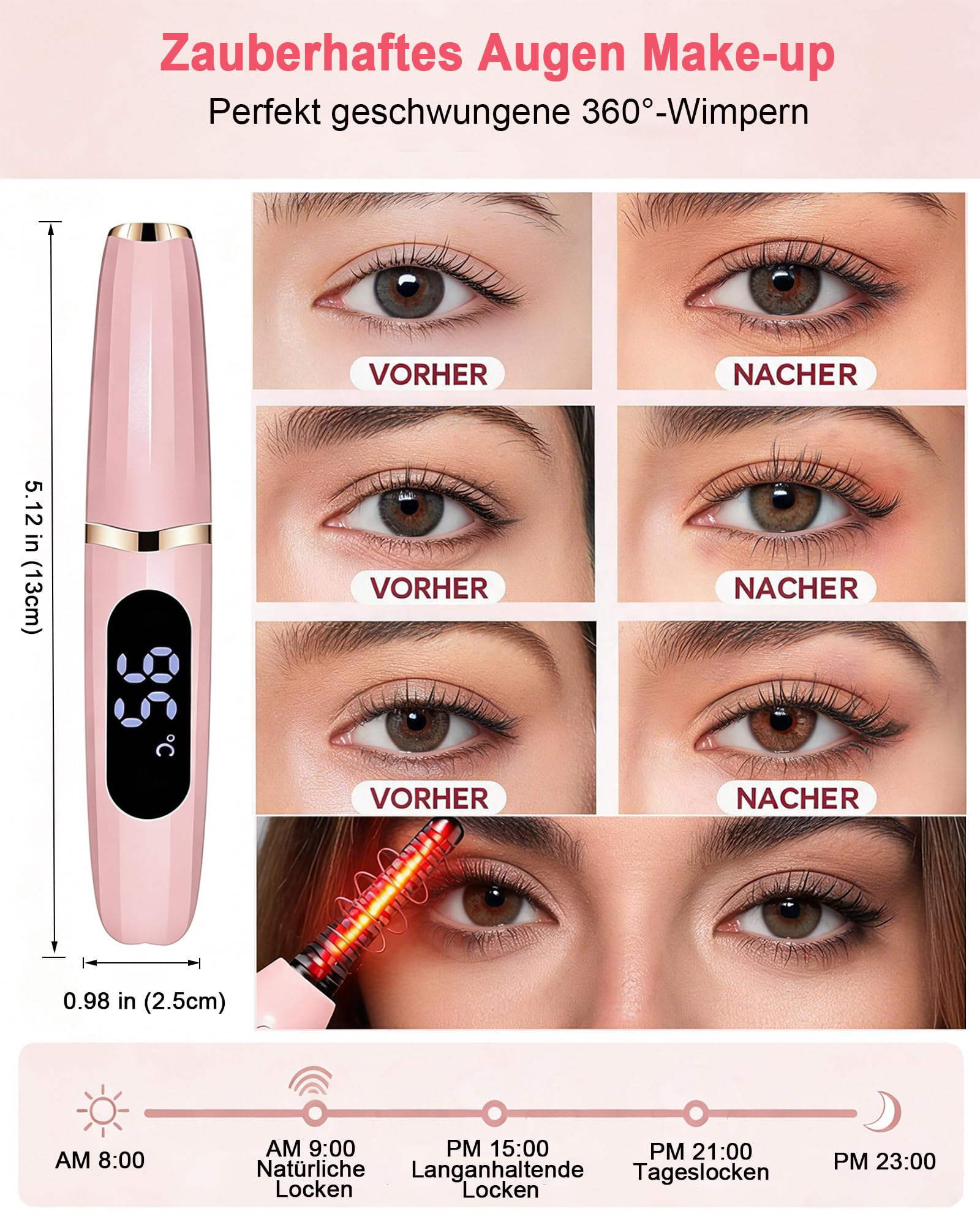 Wimpernzange Beheizbar, Beheizbare Wimpernzange USB Wiederaufladbar, Wimpern Curler Elektrisch 3 Einstellbare Temperaturstufen Schnellaufheizung in 10 Sekunden für Alle Wimpern Geeignet -Rosa