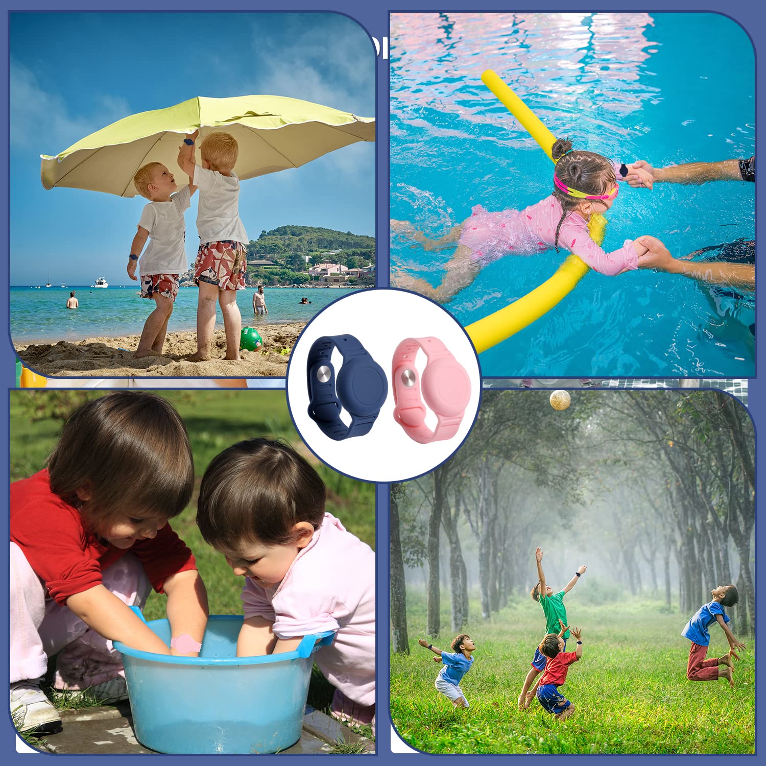 2pz Braccialetto per Bambini AirTag Impermeabile Regolabile Anti Perso Silicone Porta Airtag per Nascondere il Localizzatore GPS (Rosa, Blu Scuro)