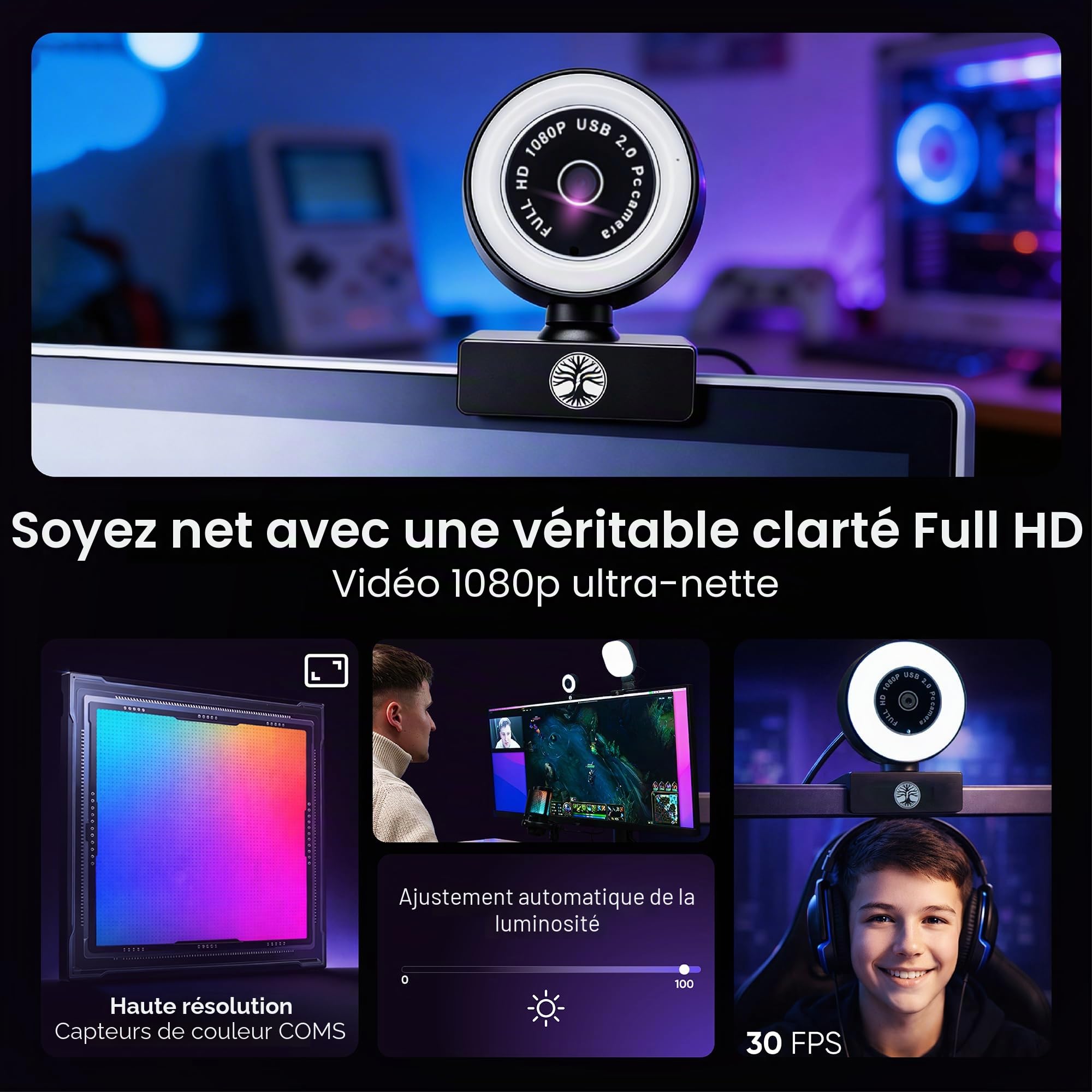 Kit de streaming vidéo en direct, comprend une webcam 1080p 30 fps et un microphone USB RVB, une lumière LED réglable pour Twitch, YouTube, Podcast et WFH. Pour PC, Mac, Windows et ordinateurs