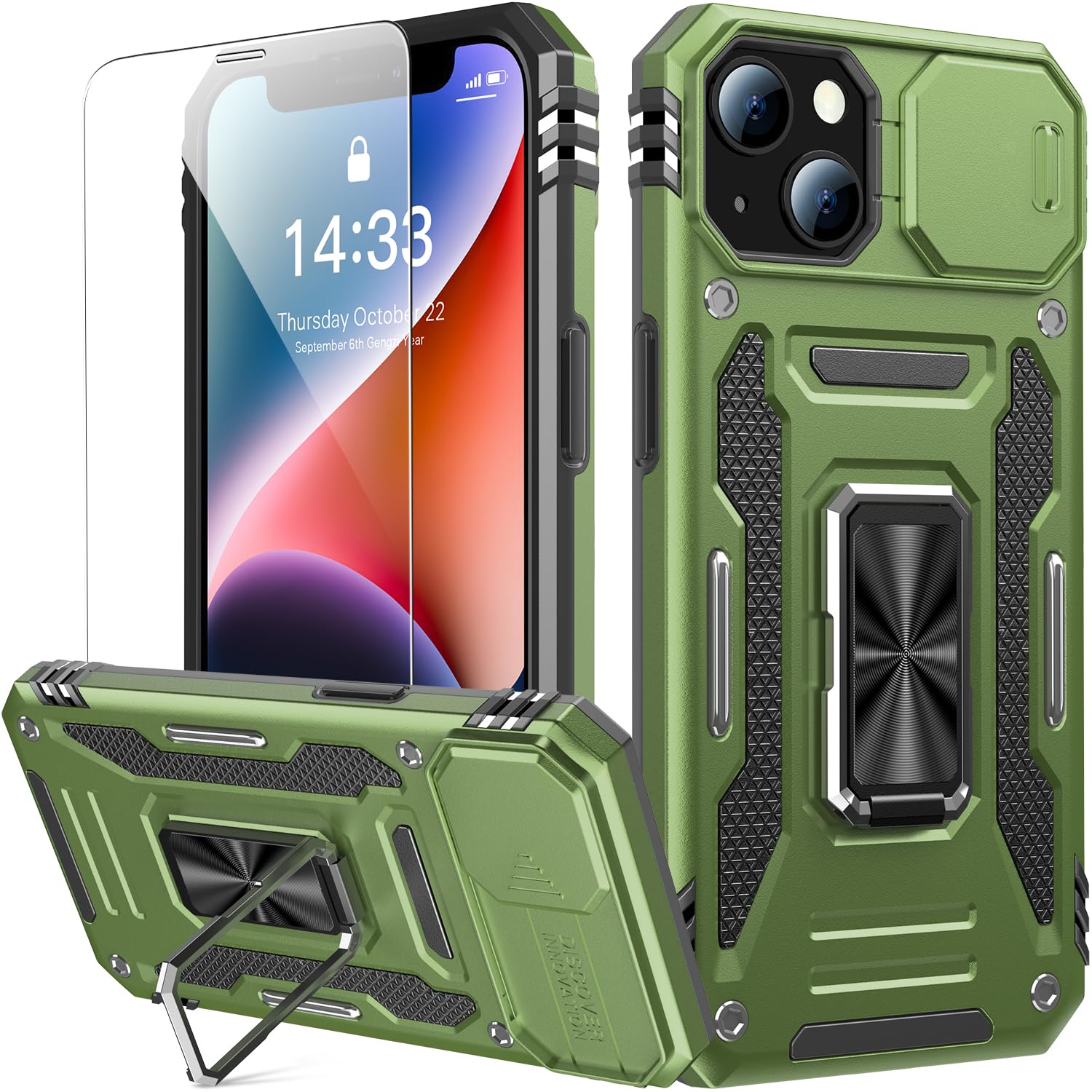 Goodon for iPhone 14 Plus Case with Slide Camera Cover + Screen Protector, Built in Rotated Ring Magnetic Kickstand Military Grade Shockproof Protective Phone Case 6.7" - Olive Green